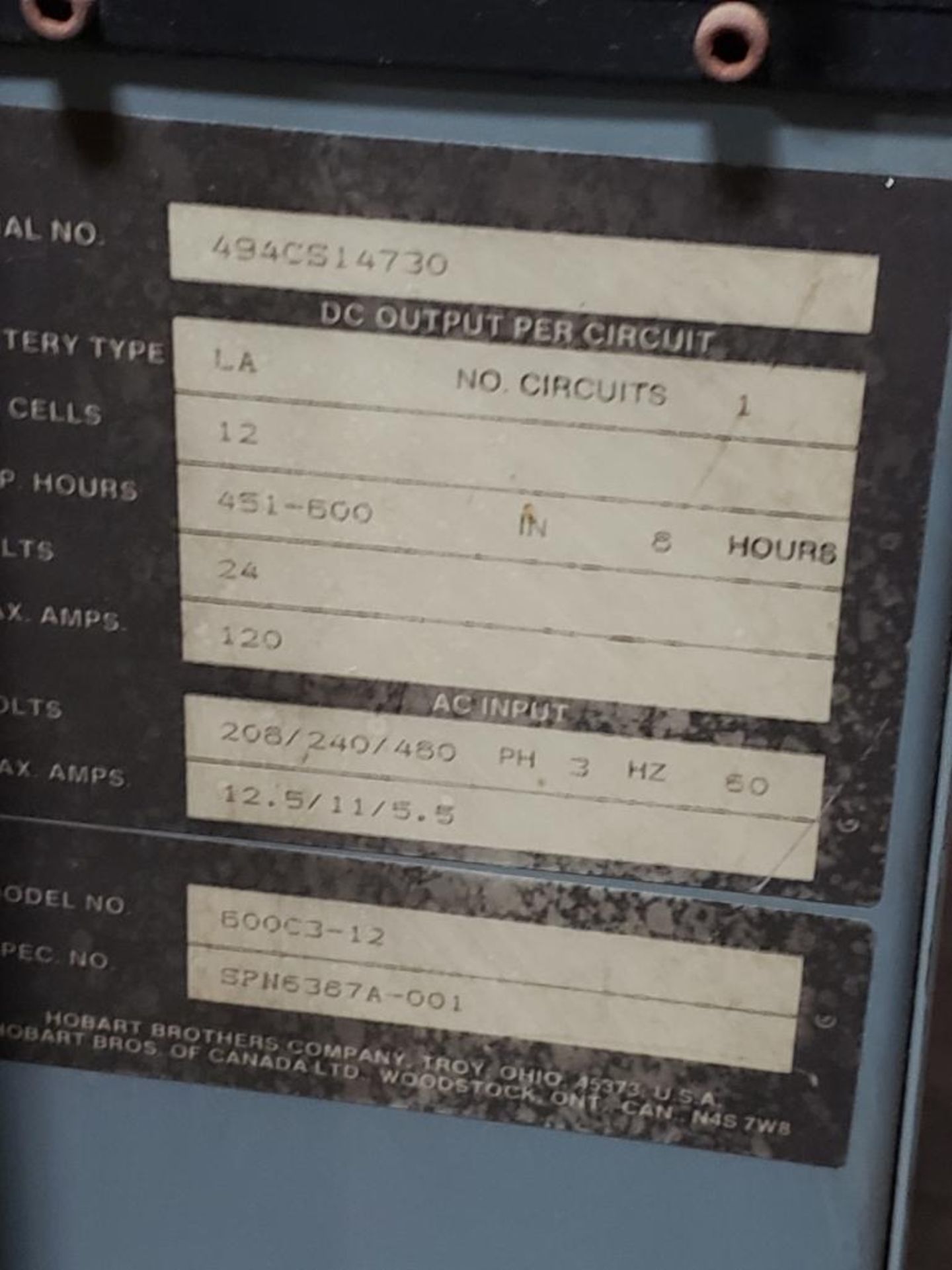 24 volt Hobart Accu-Charger 494CS14730. 451-600aH. 3 phase 208/240/460V. - Image 2 of 4