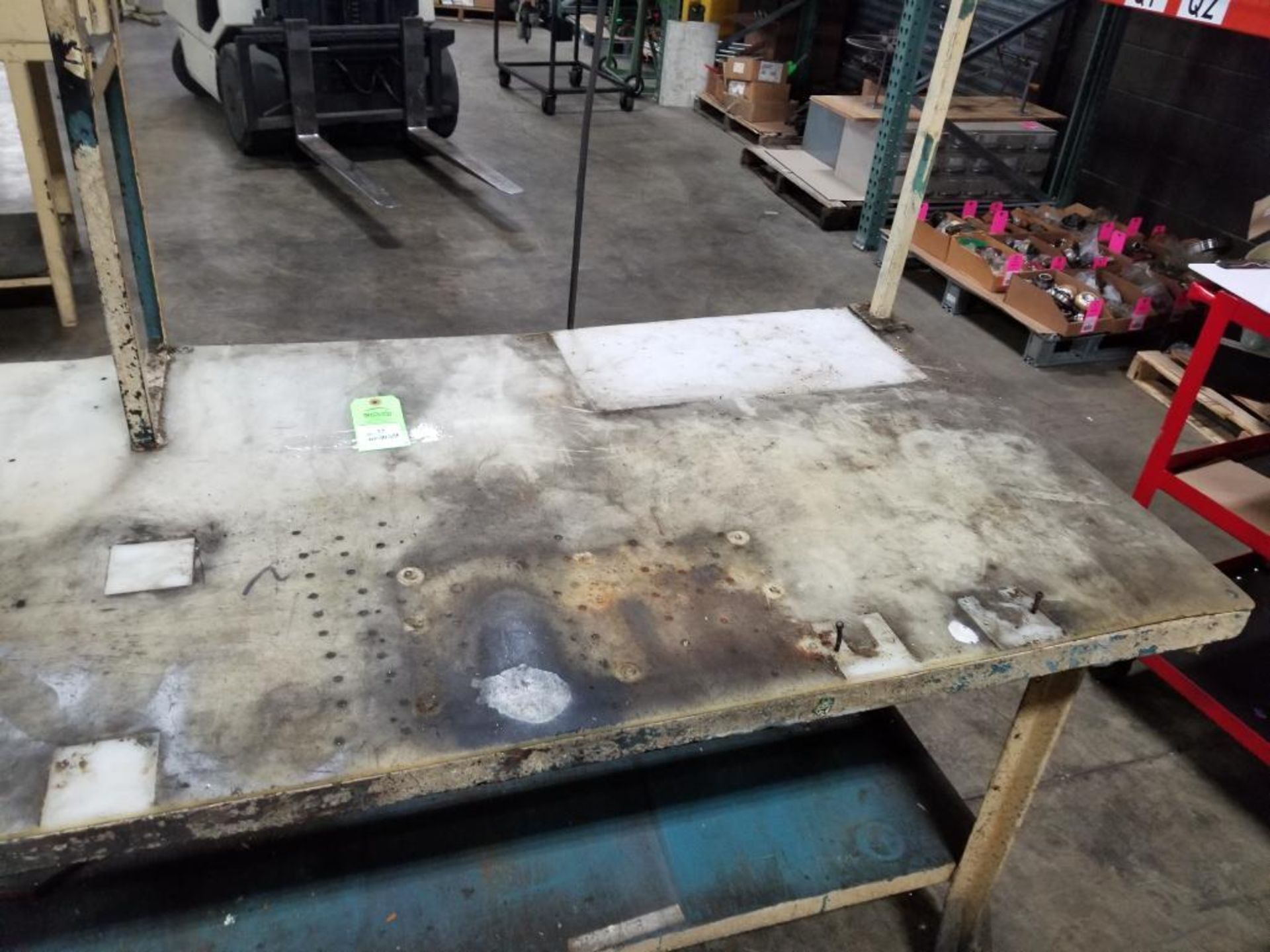 Industrial work table with forward shelf and light fixture. 76x30x90. LxWxH. Wood top under plastic. - Image 5 of 10