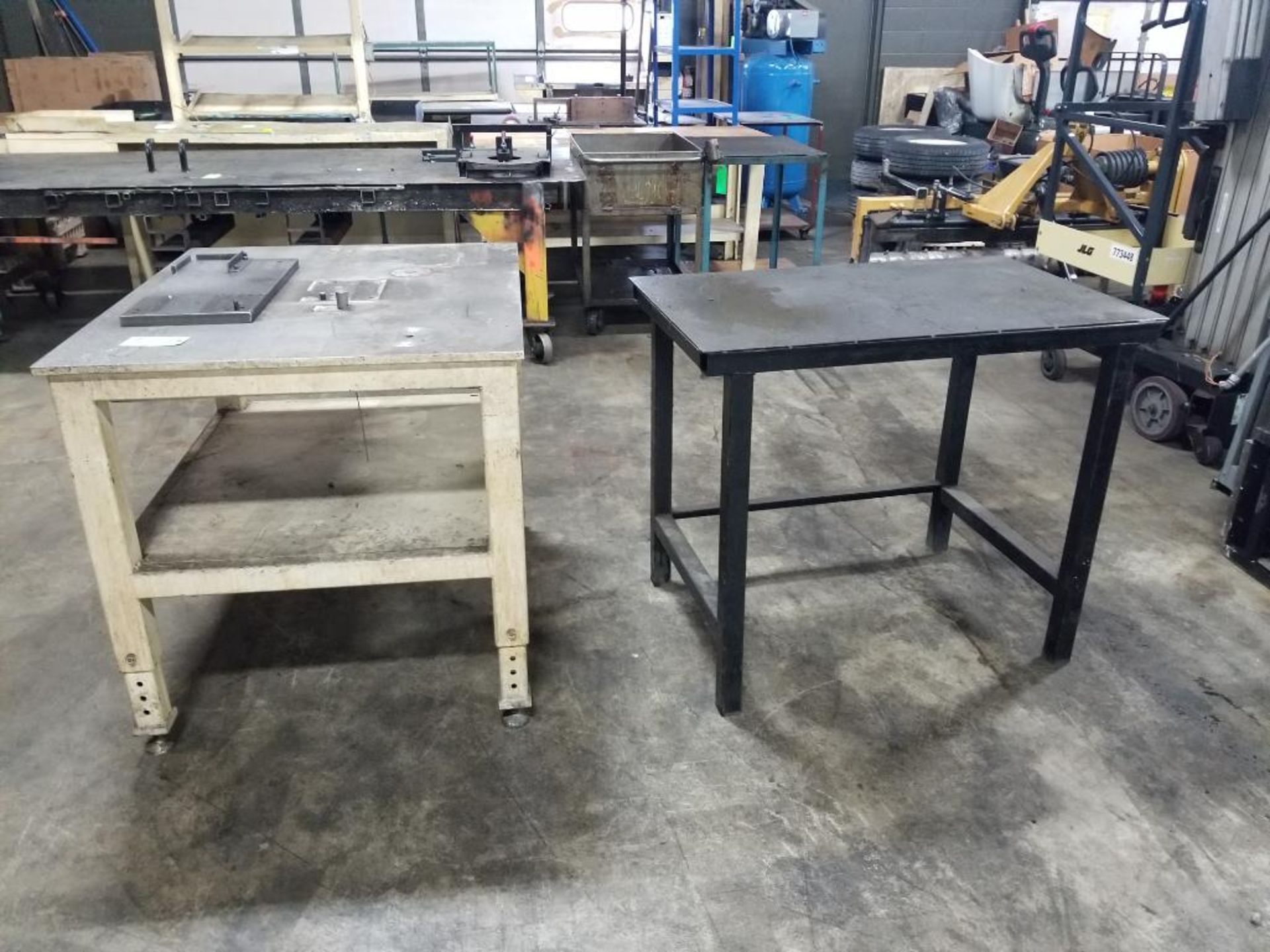 Qty 2 - Industrial work tables. 42x37x38, 43x27x37. LxWxH.