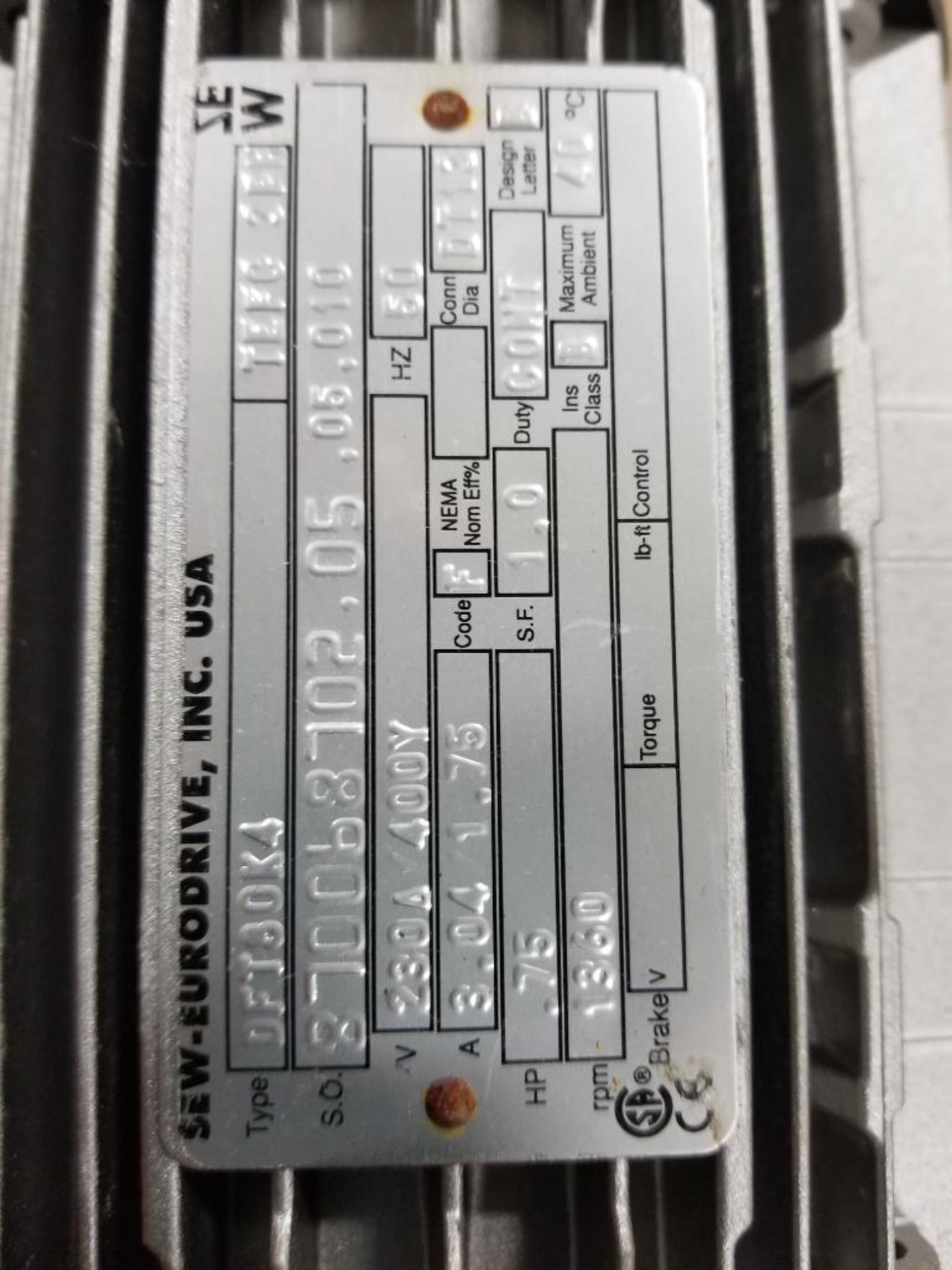 .75HP Sew-Eurodrive DFT80K4 motor. 230/400V, 1360RPM. - Image 2 of 2