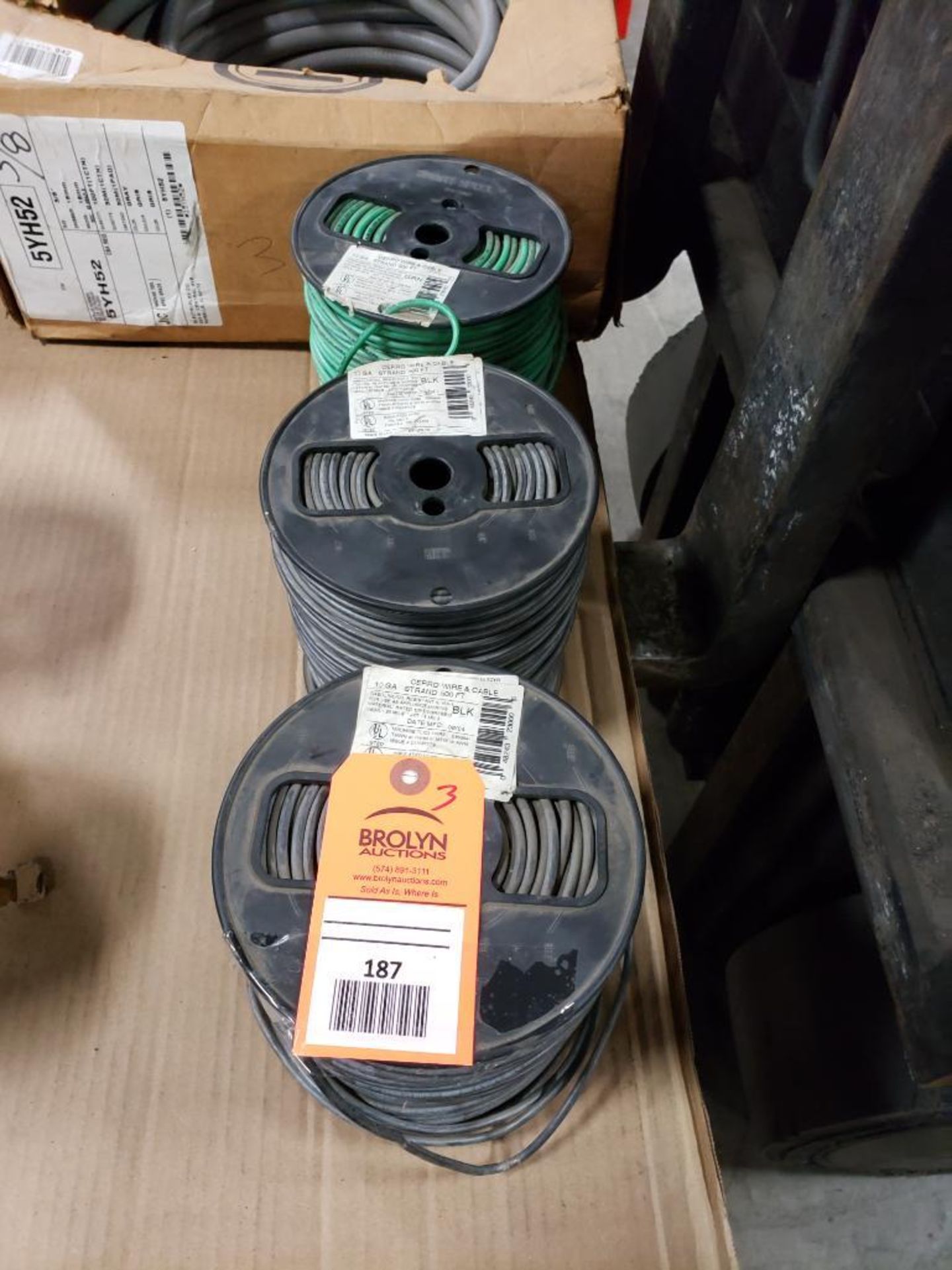 Qty 3 - Spool of CERRO contractor wire. 10GA-Black, 10GA-Green.