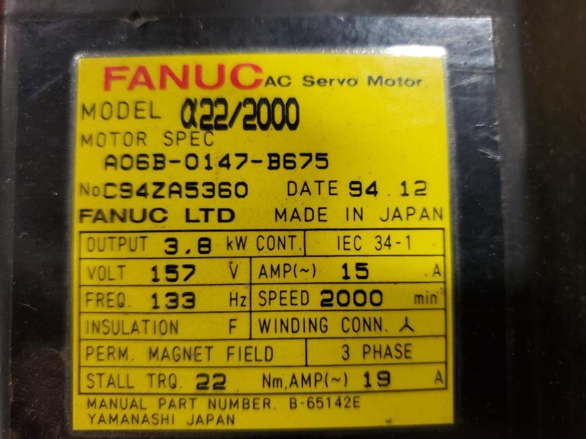 3.8kW GE Fanuc AC Servo Motor A06B-0147-B675. 157V, 2000RPM, 3PH. - Image 2 of 5