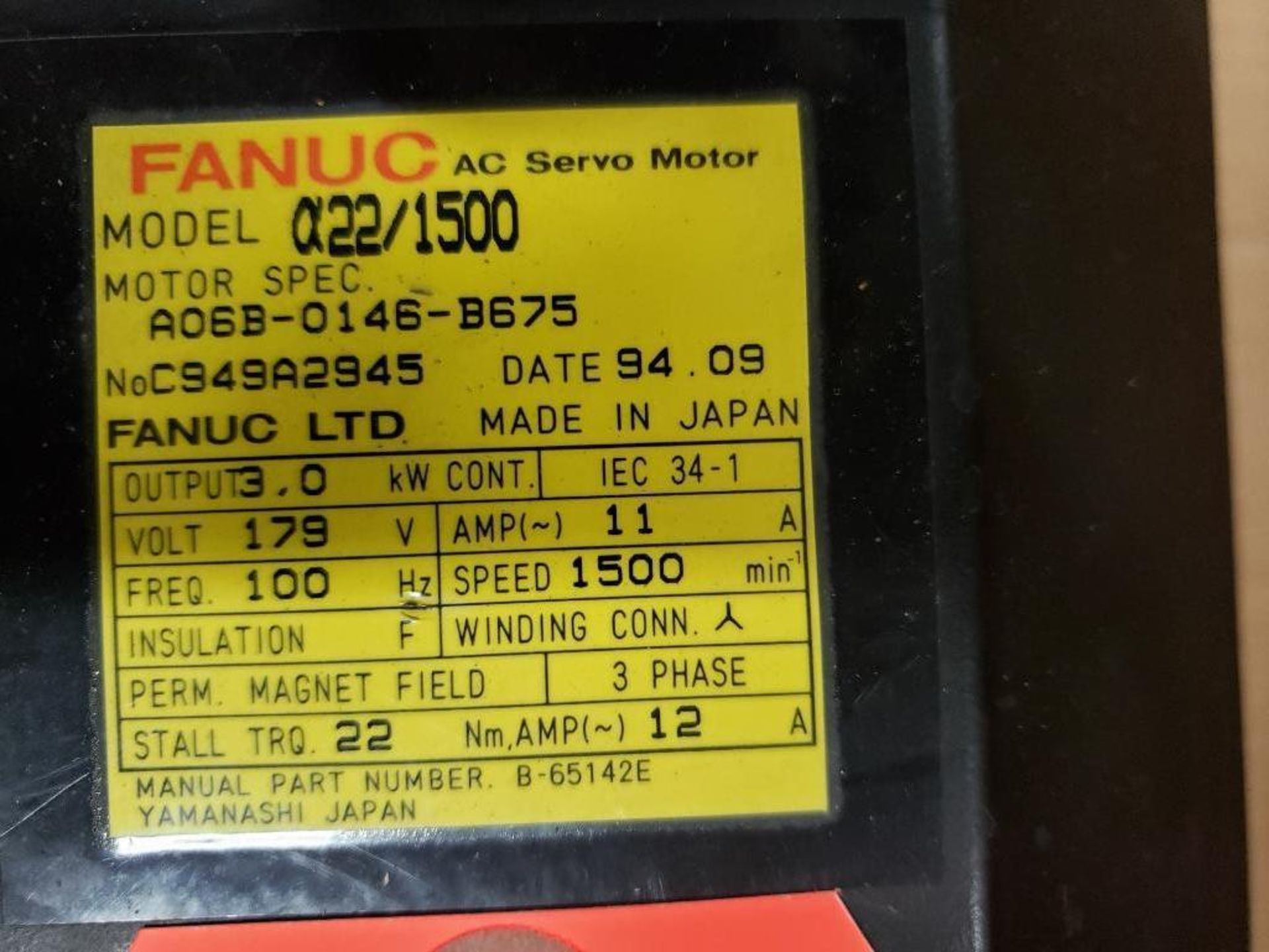 3.0kW GE Fanuc AC Servo Motor A06B-0146-B675. 179V, 1500RPM, 3PH. - Image 2 of 6