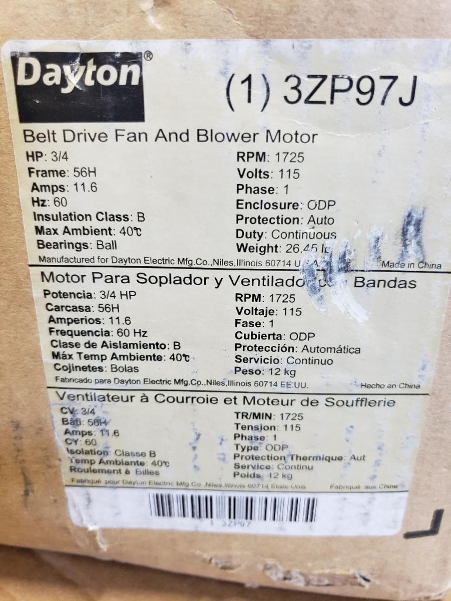 3/4HP Dayton 1PH Belt drive fan and blower motor 3ZP97J. 115V, 56H-Frame, 1725RPM. New in box. - Image 6 of 6