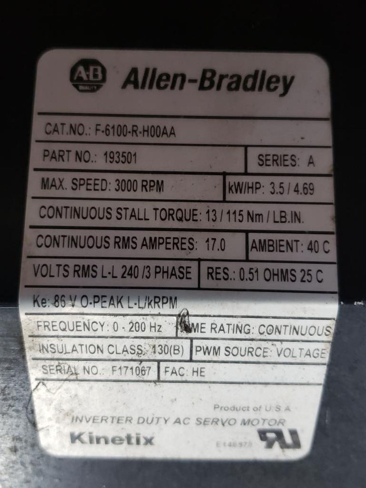 Allen Bradley F-6100-R-H00AA Kinetix Inverter duty AC servo motor. 193501, 3000PRM. - Image 4 of 5