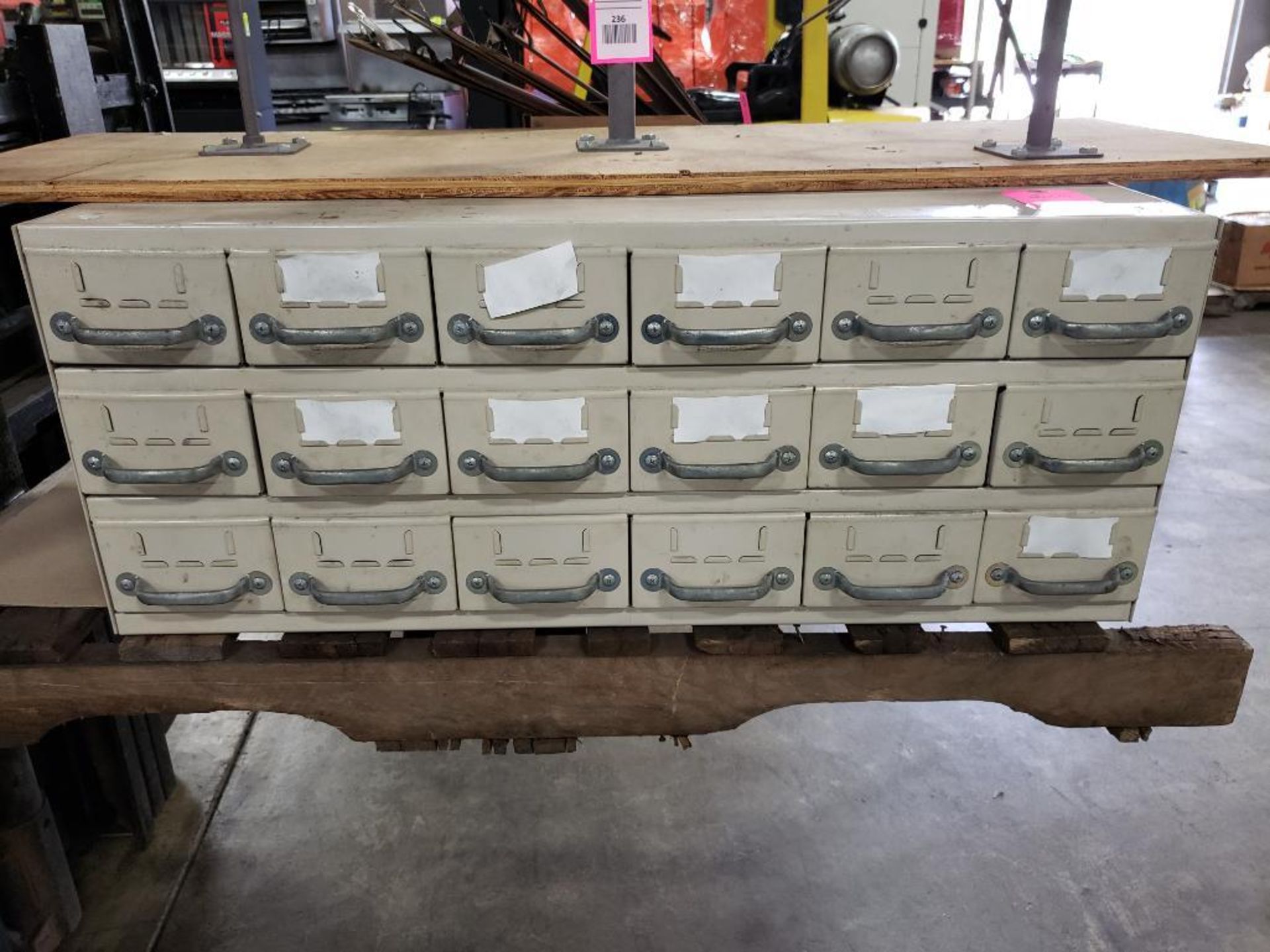 Equipto 18-drawer metal shelf drawer cabinet. 34.5"L x 14"H x 18.5"D.