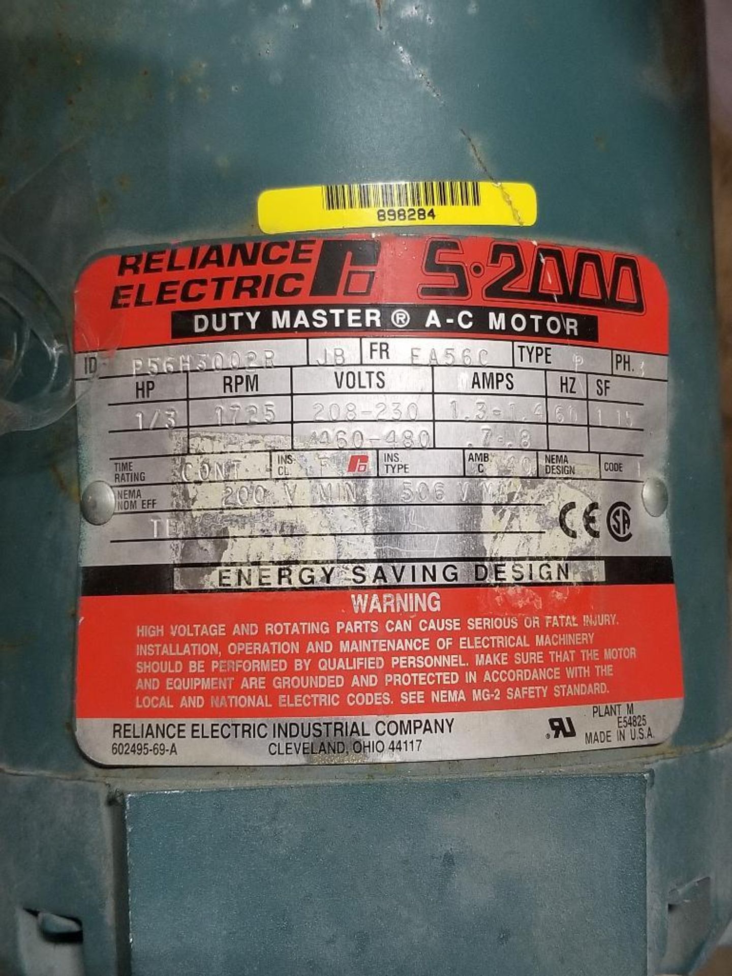 1/3HP Reliance Electric S-2000 Duty Master AC motor P56H3002R. 3PH, 208-230V, 1725RPM. - Image 2 of 2