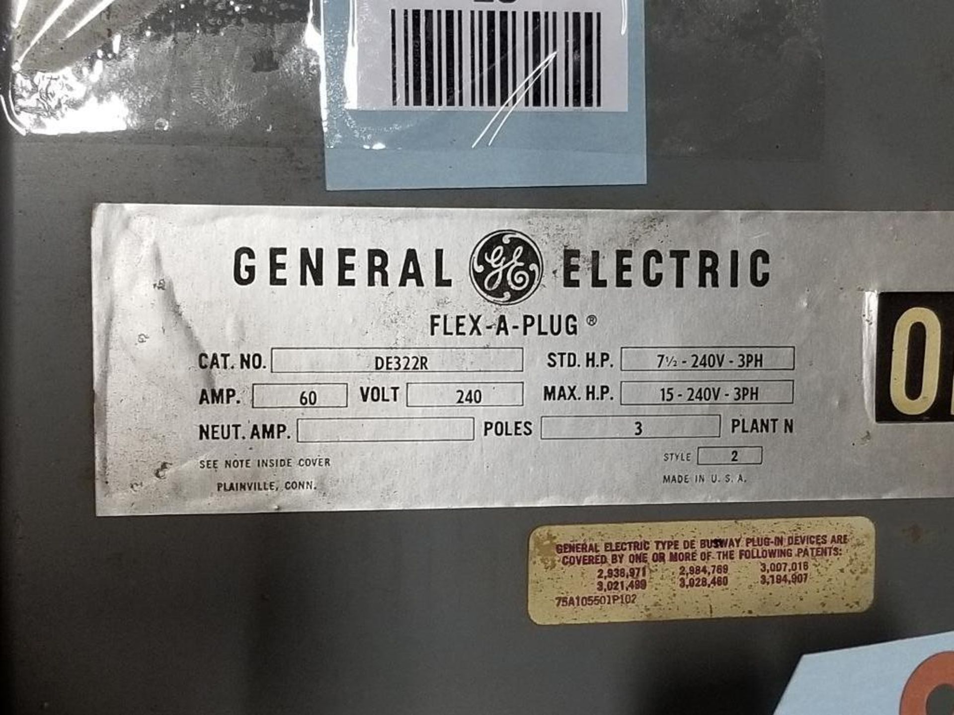 GE DE322R Fusible Flex-A-Plug switch unit. 60AMP, 240V, 3PH. - Image 2 of 2