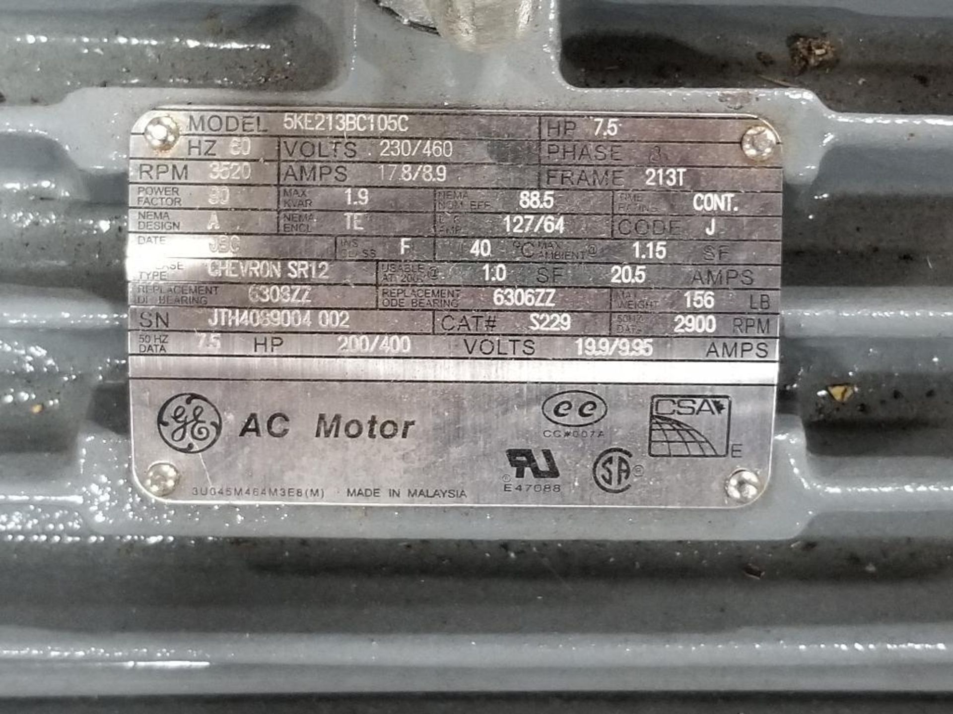 7.5HP GE 5KE213BC105C AC motor. 3PH, 230/460V, 3520RPM, 213T-Frame. - Image 2 of 4