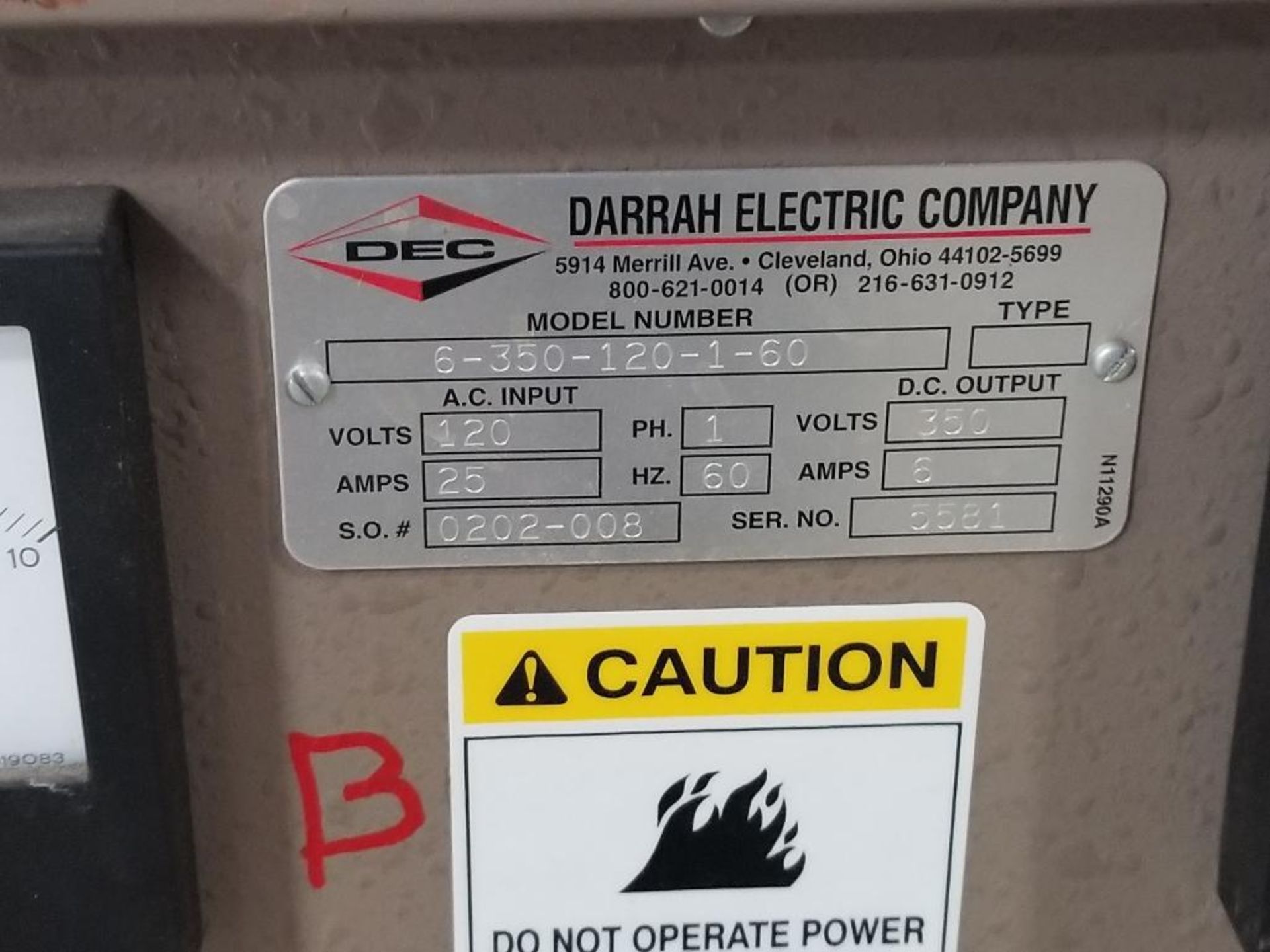 Darrah electric company 6-350-120-1-60 DC power rectifier. 120V, 25AMP, 1PH. - Image 2 of 3