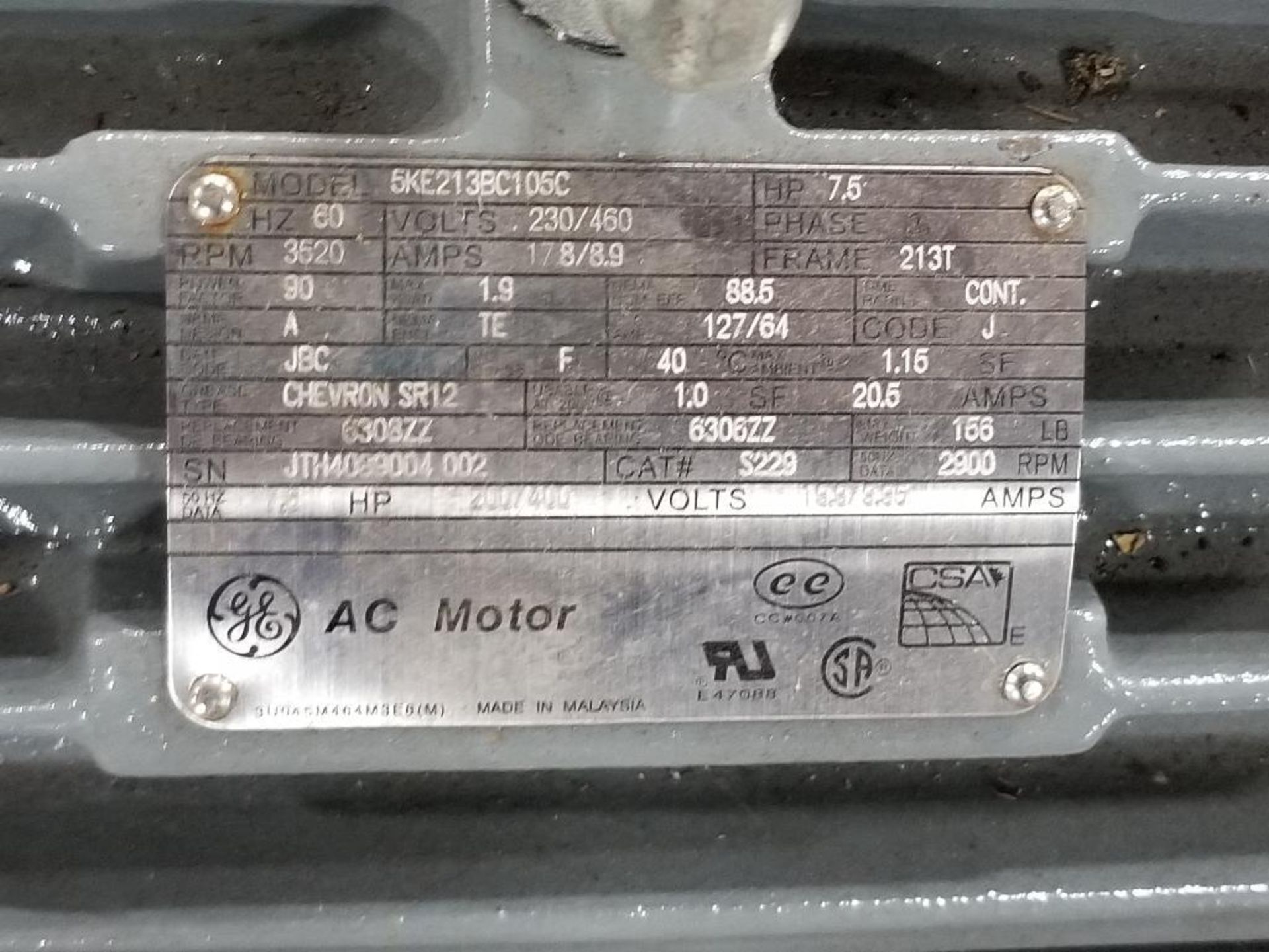 7.5HP GE 5KE213BC105C AC motor. 3PH, 230/460V, 3520RPM, 213T-Frame. - Image 3 of 4