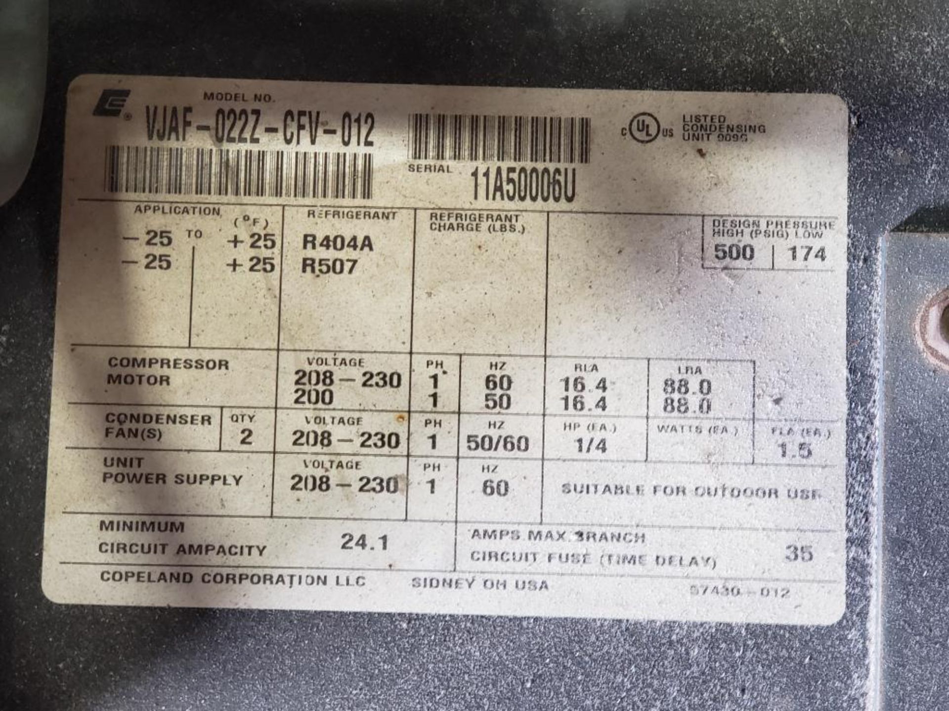 Copeland Corp. VJAF-022Z-CFV-012 condensing unit. +/- 25 degrees, 208-230V. - Image 3 of 4