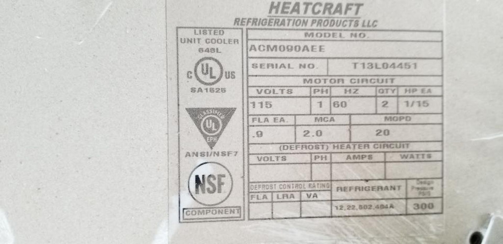 Heatcraft ACM090AEE center mount walk in cooler unit. 2 - 1/15HP, 115V, 1PH motors. - Image 2 of 2