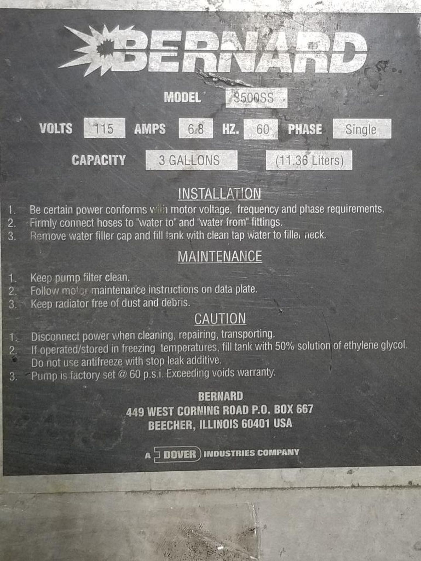 Bernard 3500SS welding chiller. 115V, 1PH, 3-Gallon Capacity. - Image 4 of 6