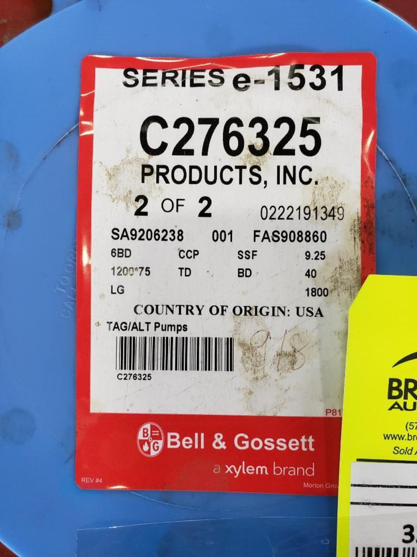 40HP Bell & Gossett e-1531 / SSF / 9.25. C276325. 1200GPM 1761RPM pump. 40HP Baldor 3PH motor. - Image 8 of 8