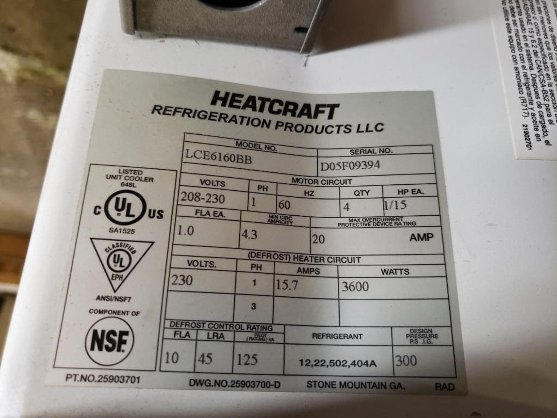 1/15HP Heatcraft LCA6260BB low profile unit cooler. 208-230V, 1PH, (4) motor. - Image 2 of 2