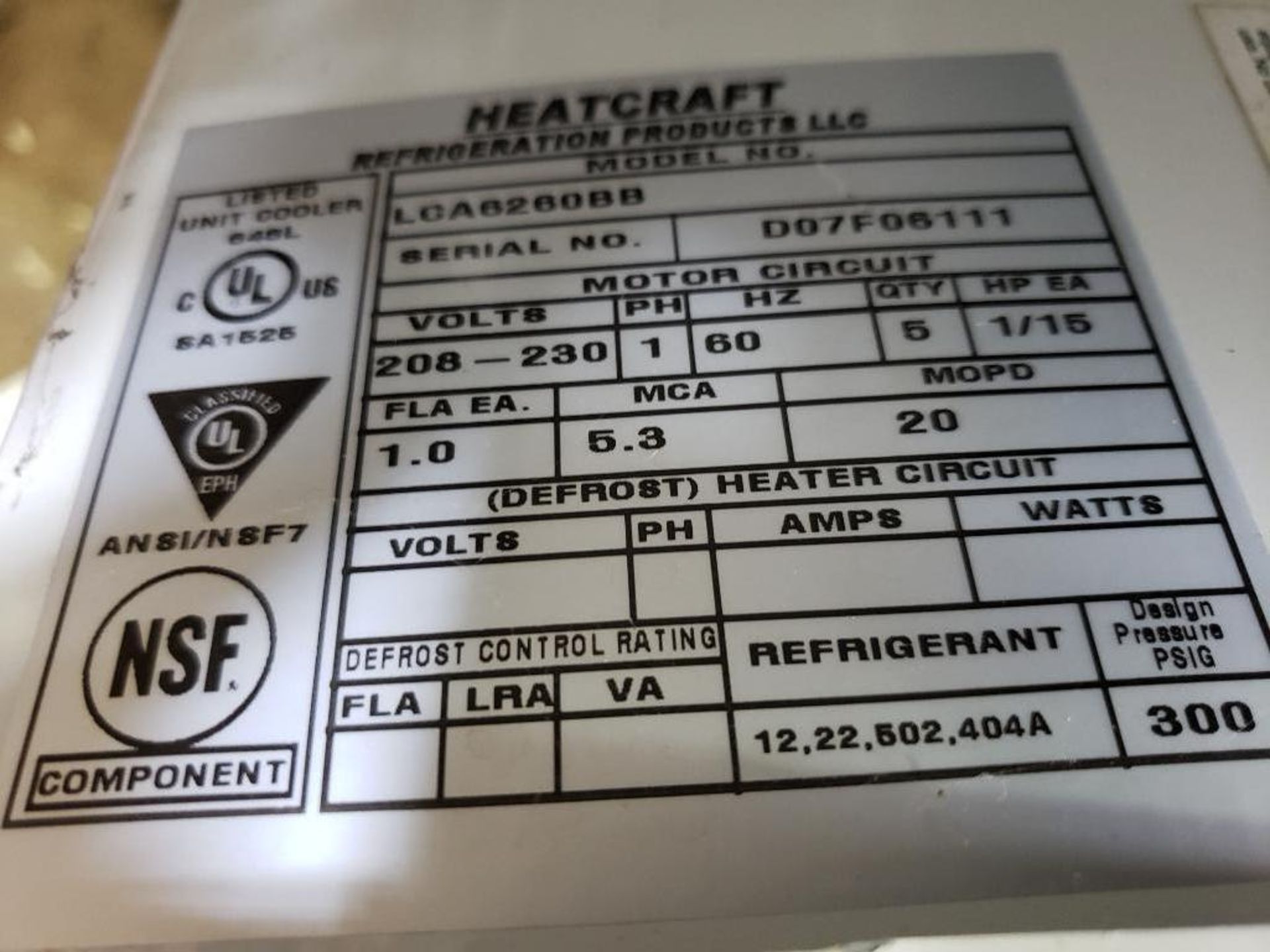 1/15HP Heatcraft LCA6260BB low profile unit cooler. 208-230V, 1PH, (5) motor. - Image 2 of 2