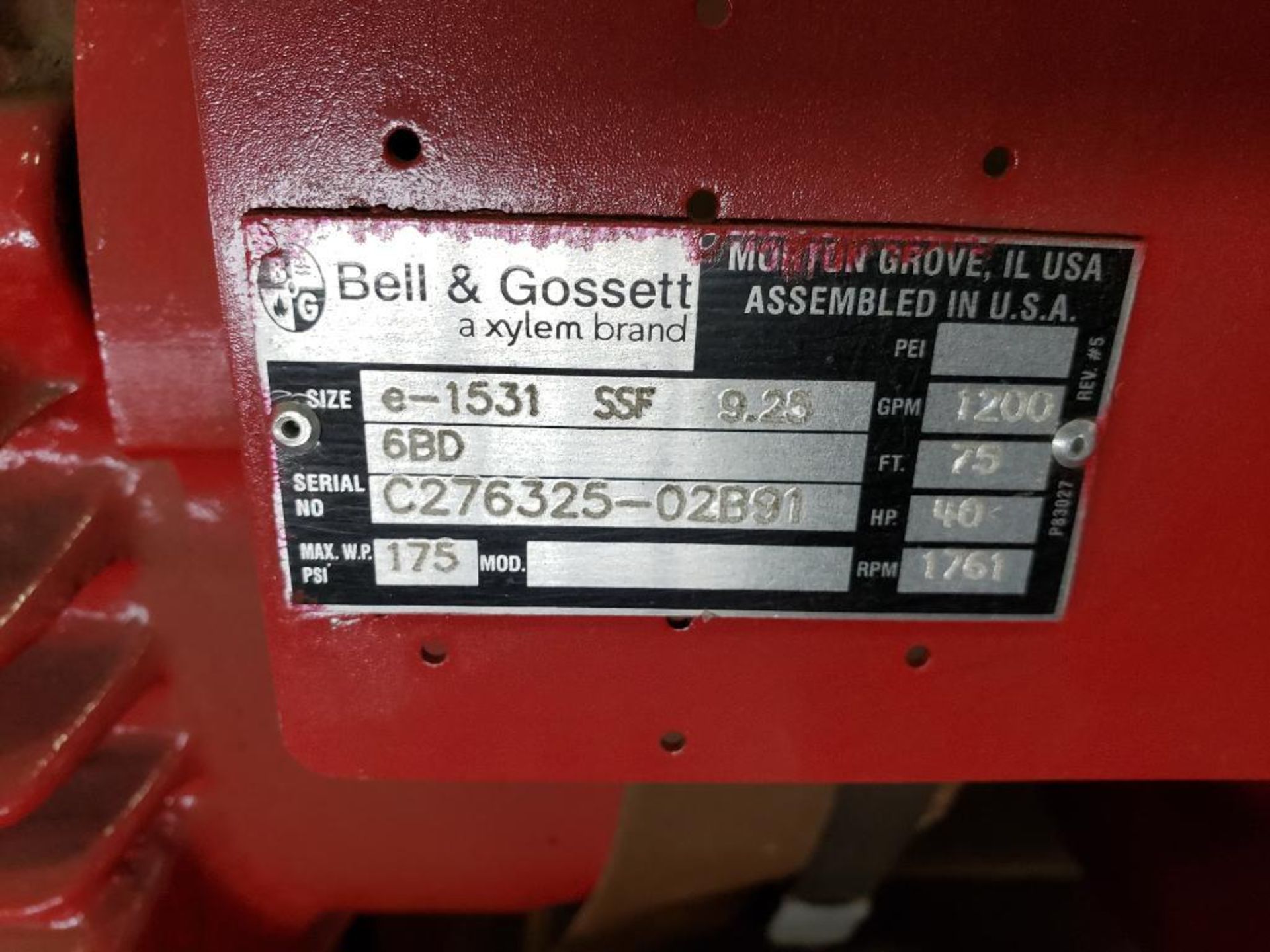 40HP Bell & Gossett e-1531 / SSF / 9.25. C276325. 1200GPM 1761RPM pump. 40HP Baldor 3PH motor. - Image 4 of 8
