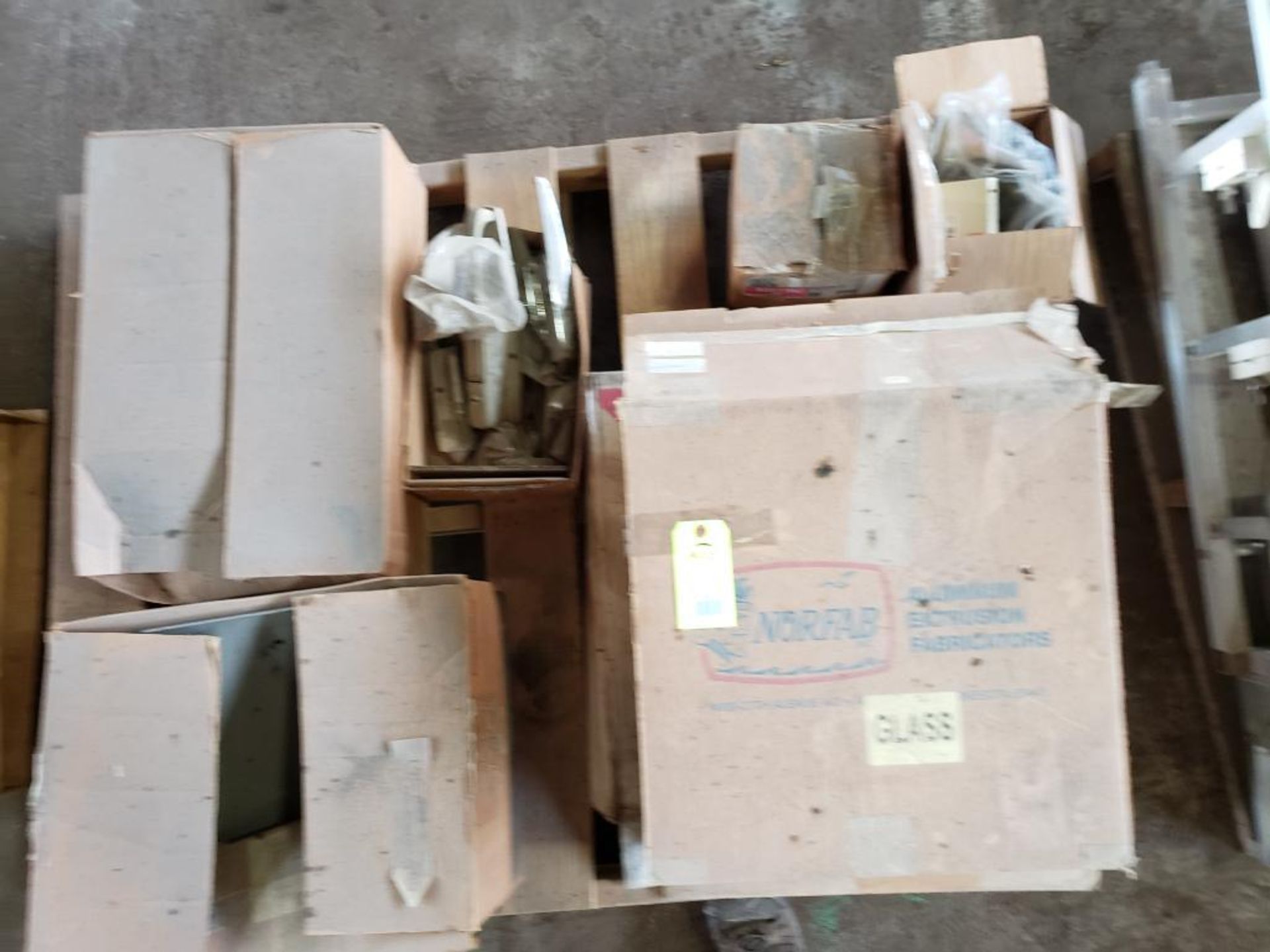 Pallet with assorted hinges and latches. New old stock.