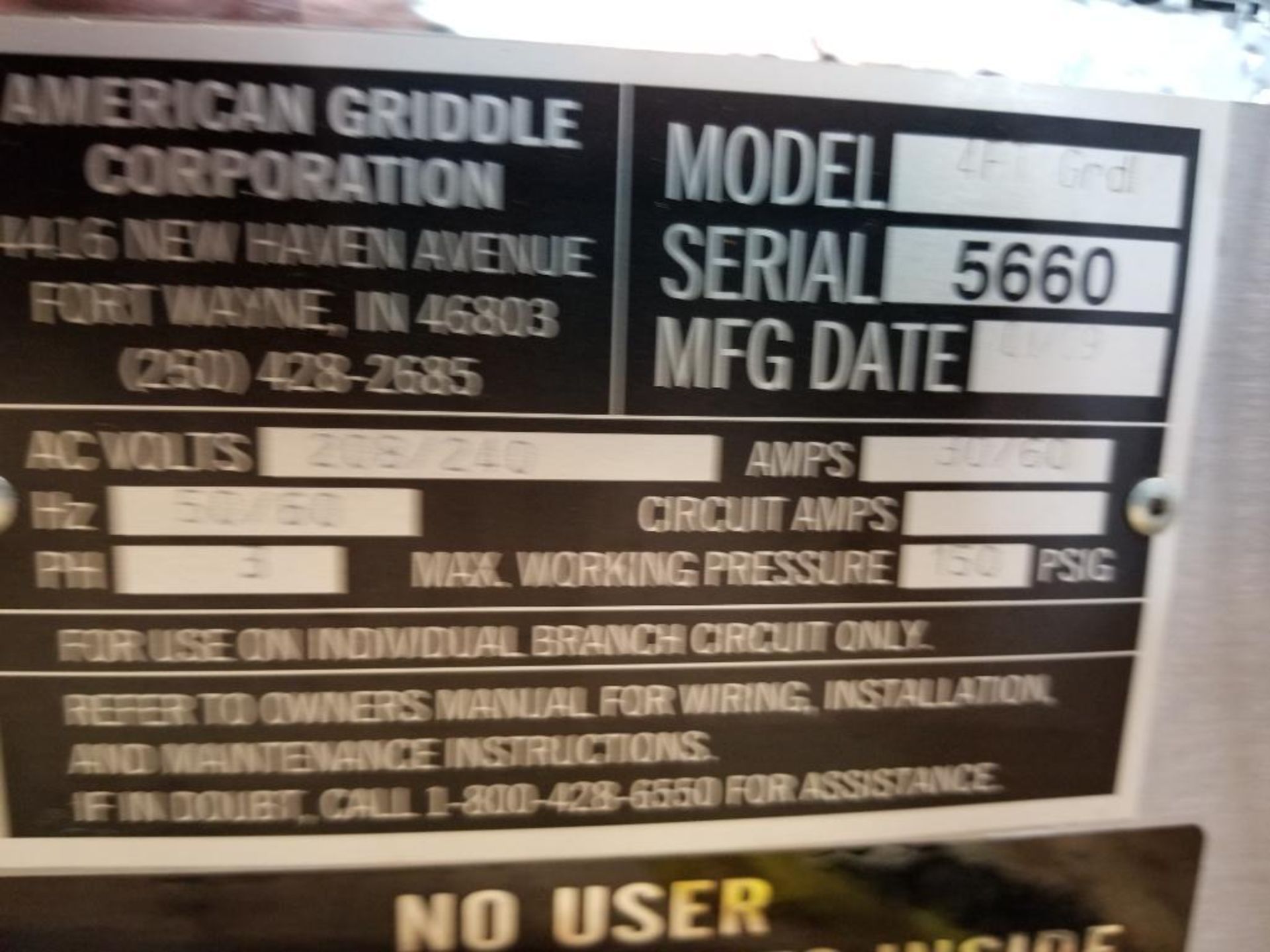 American Griddle Corp. 4FT GRDL griddle. 208/240V, 3PH. - Image 5 of 6