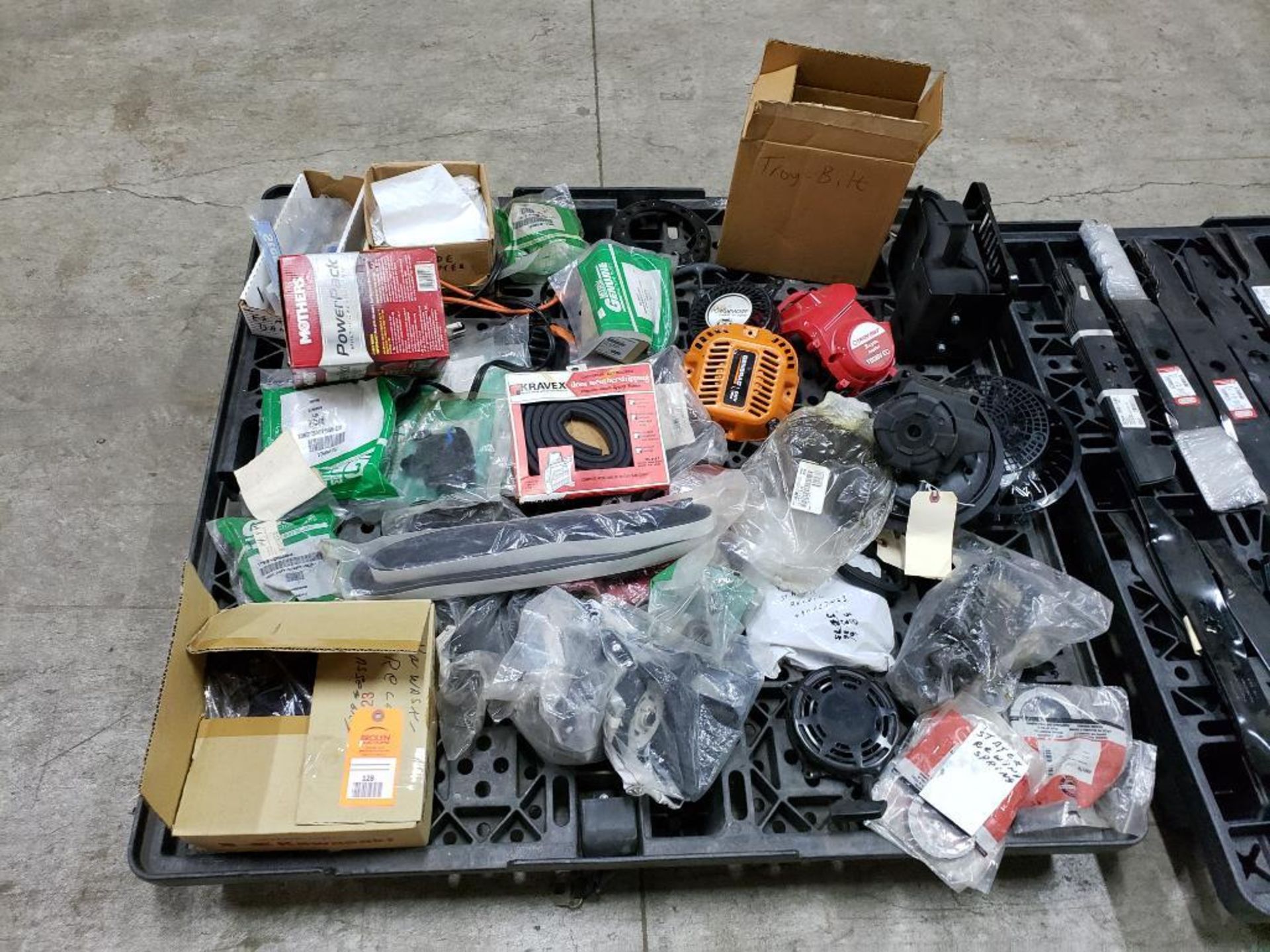 Pallet of assorted parts, tools, etc.