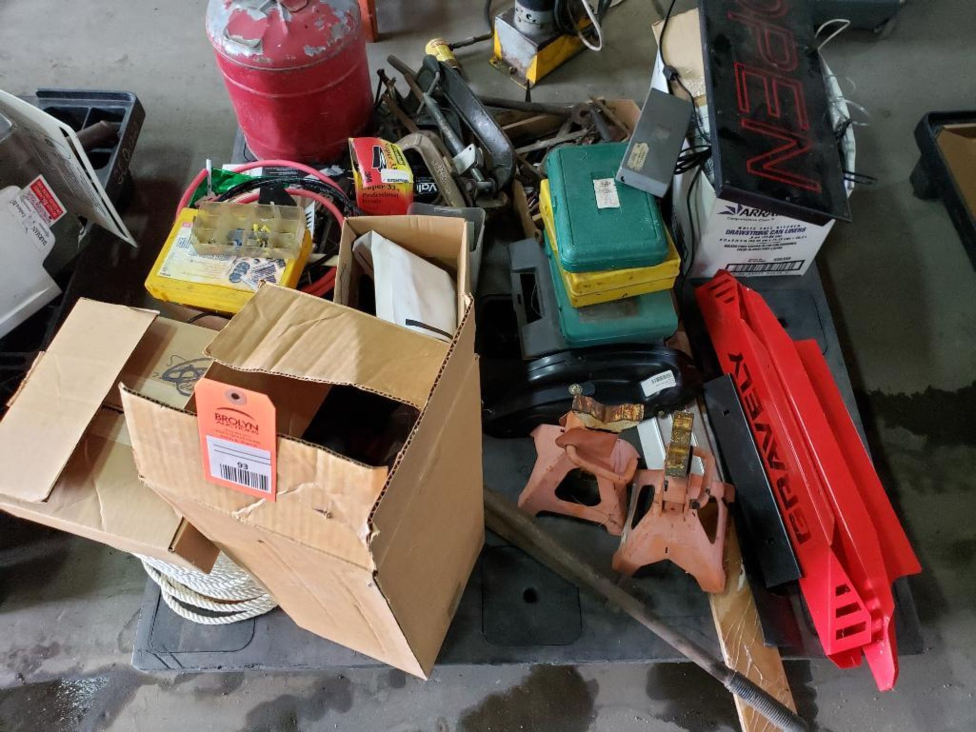Pallet with assorted parts, tools, etc.