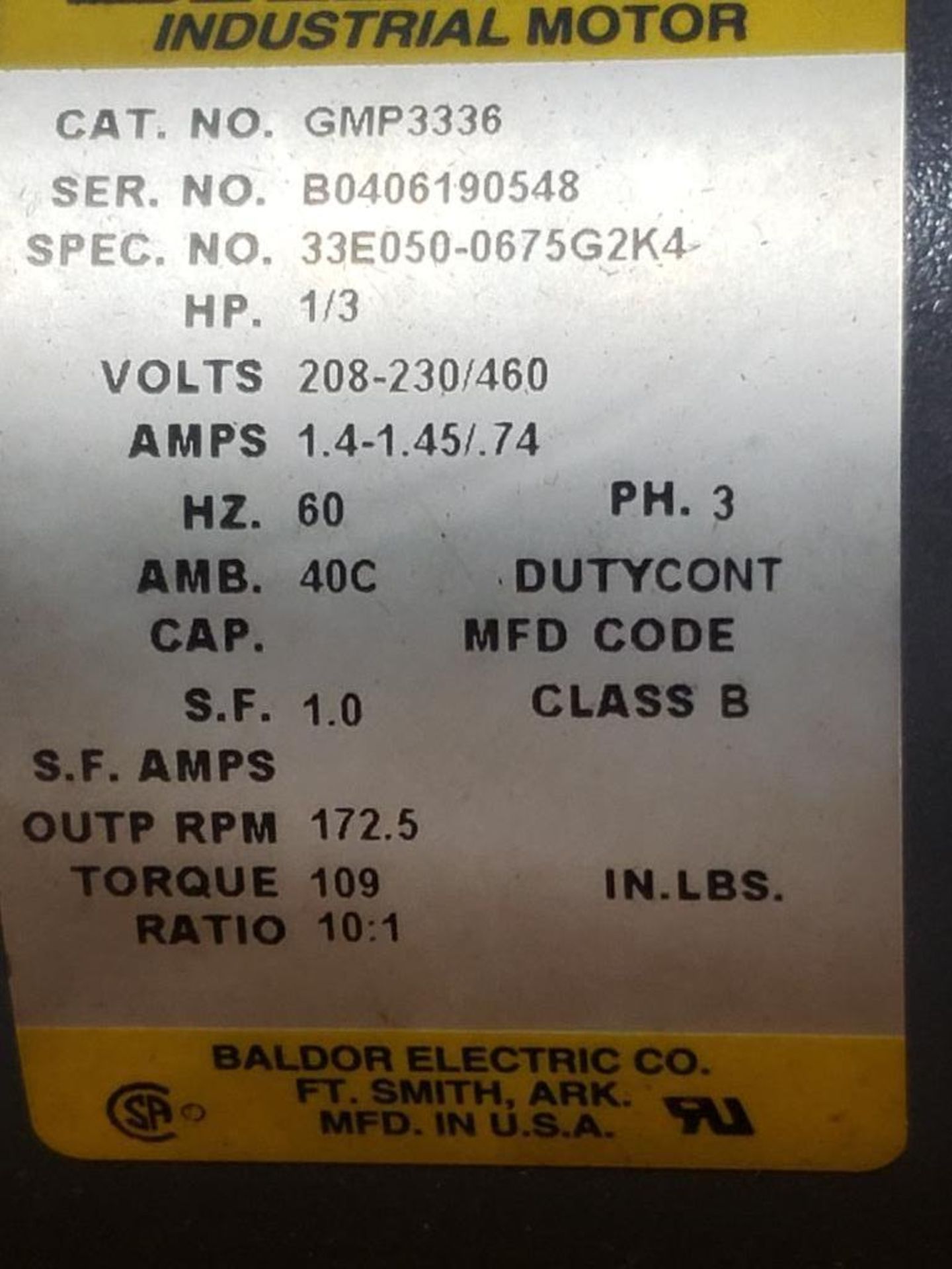 1/3HP Baldor GMP3336 motor. 208-230/460V, 3PH, 172.5RPM. - Image 5 of 6