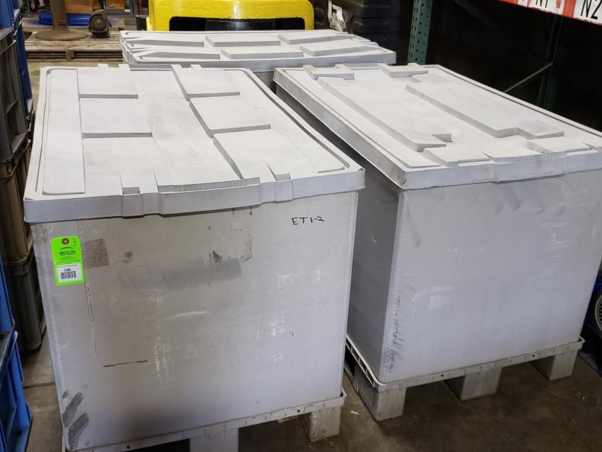 Qty 3 - Large plastic totes / gaylords, pallet size totes with lids.