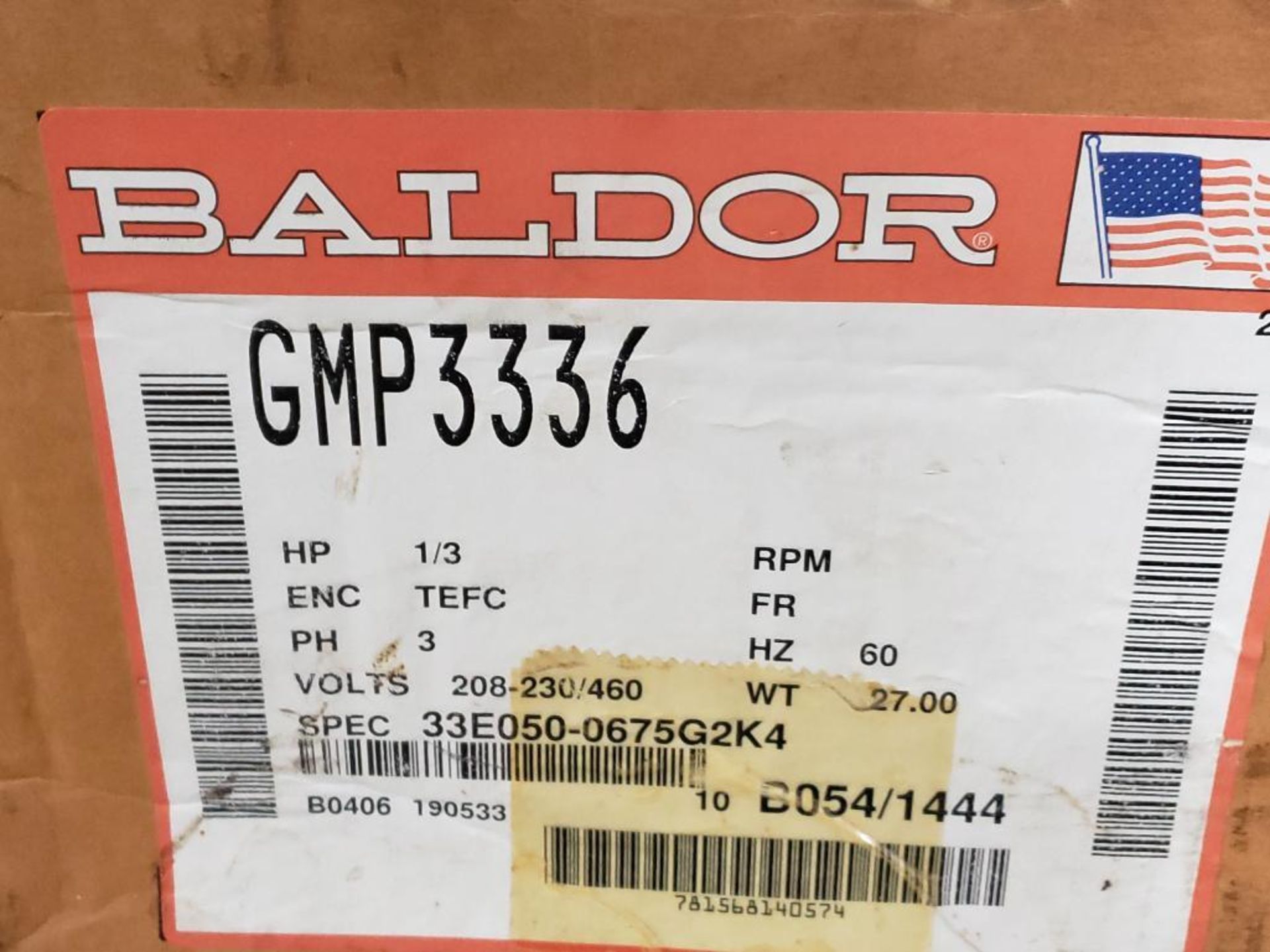 1/3HP Baldor GMP3336 motor. 208-230/460V, 3PH, 172.5RPM. - Image 3 of 6