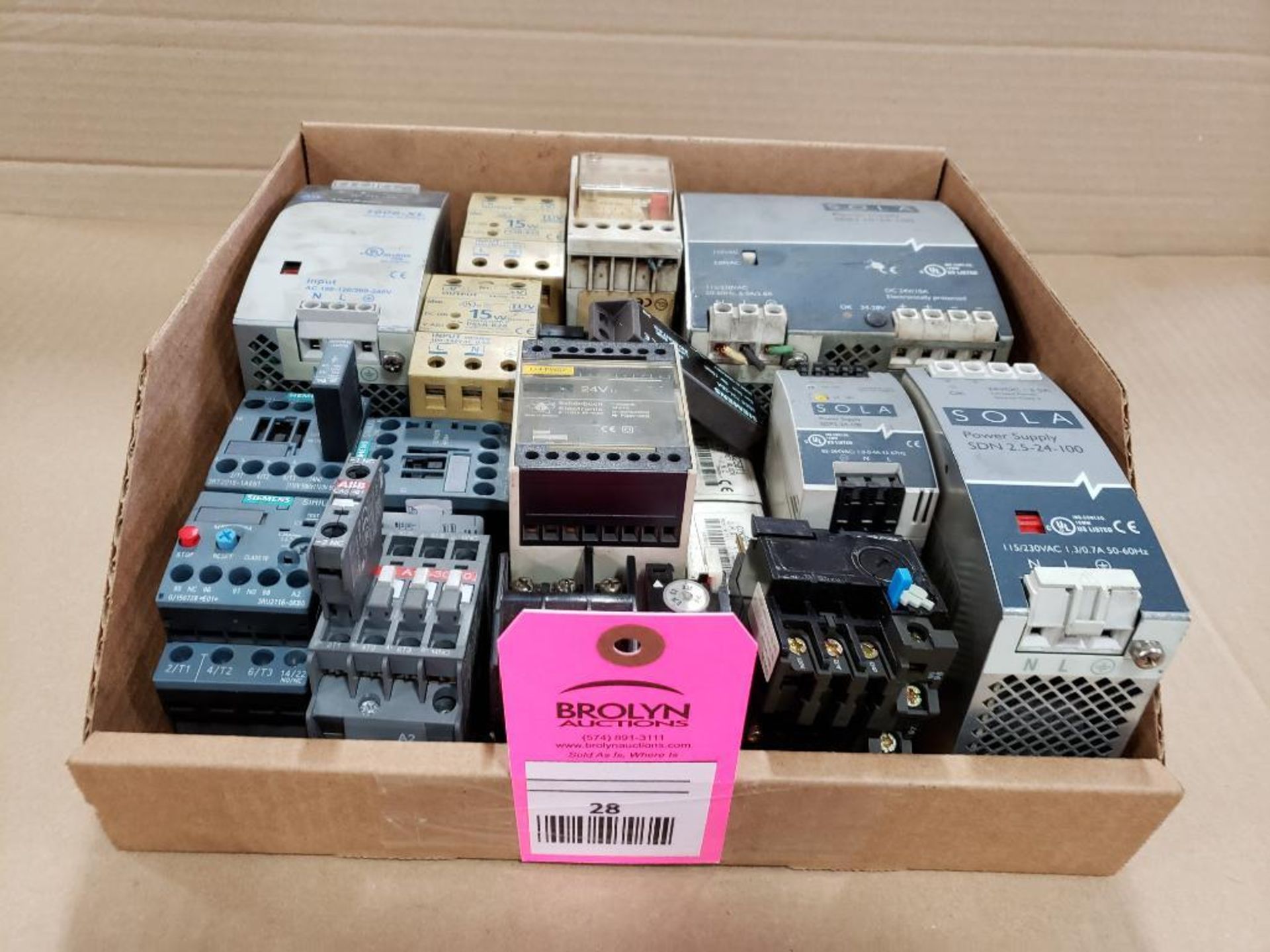 Assorted electrical. Power supply, relay, contactor. Sola, IDEC, Sprecher+Schuh, ABB, Siemens.