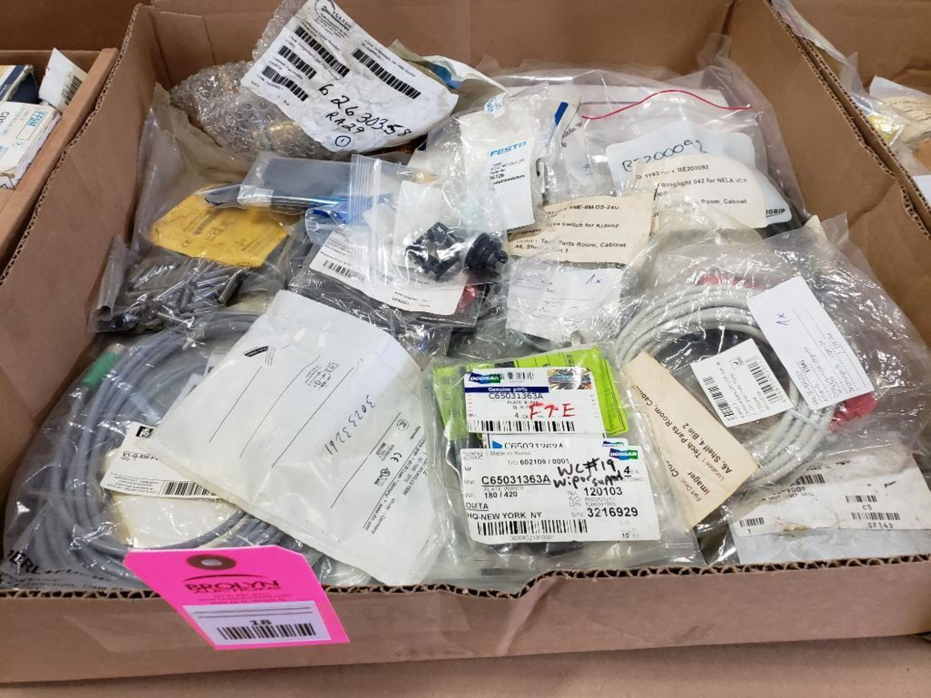 Assorted replacement parts. Clyde, Festo, Doosan, Pepperl+Fuchs.