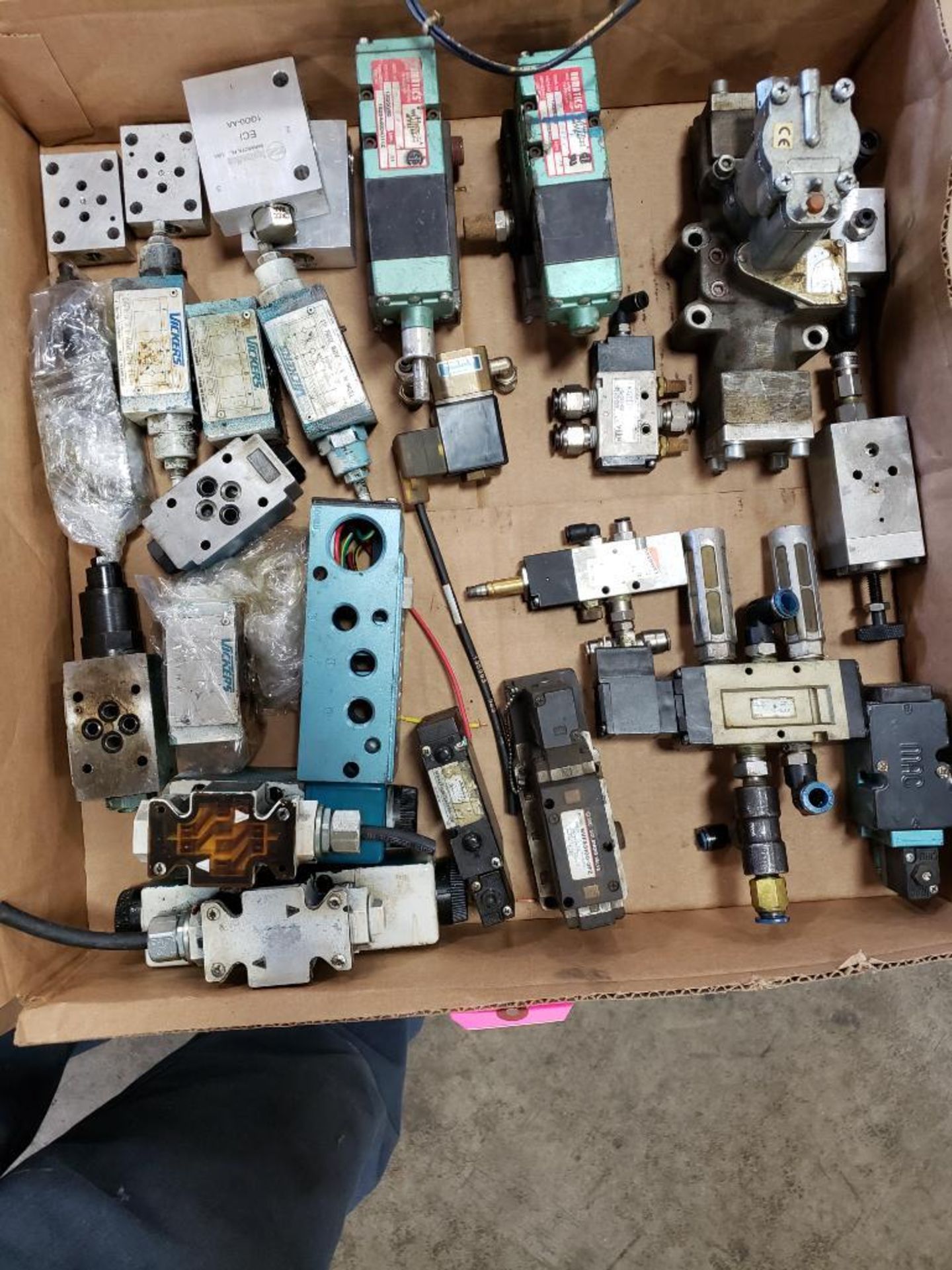 Assorted flow control. Valves, regulator, solenoids. Vickers, Numatics, SMC.