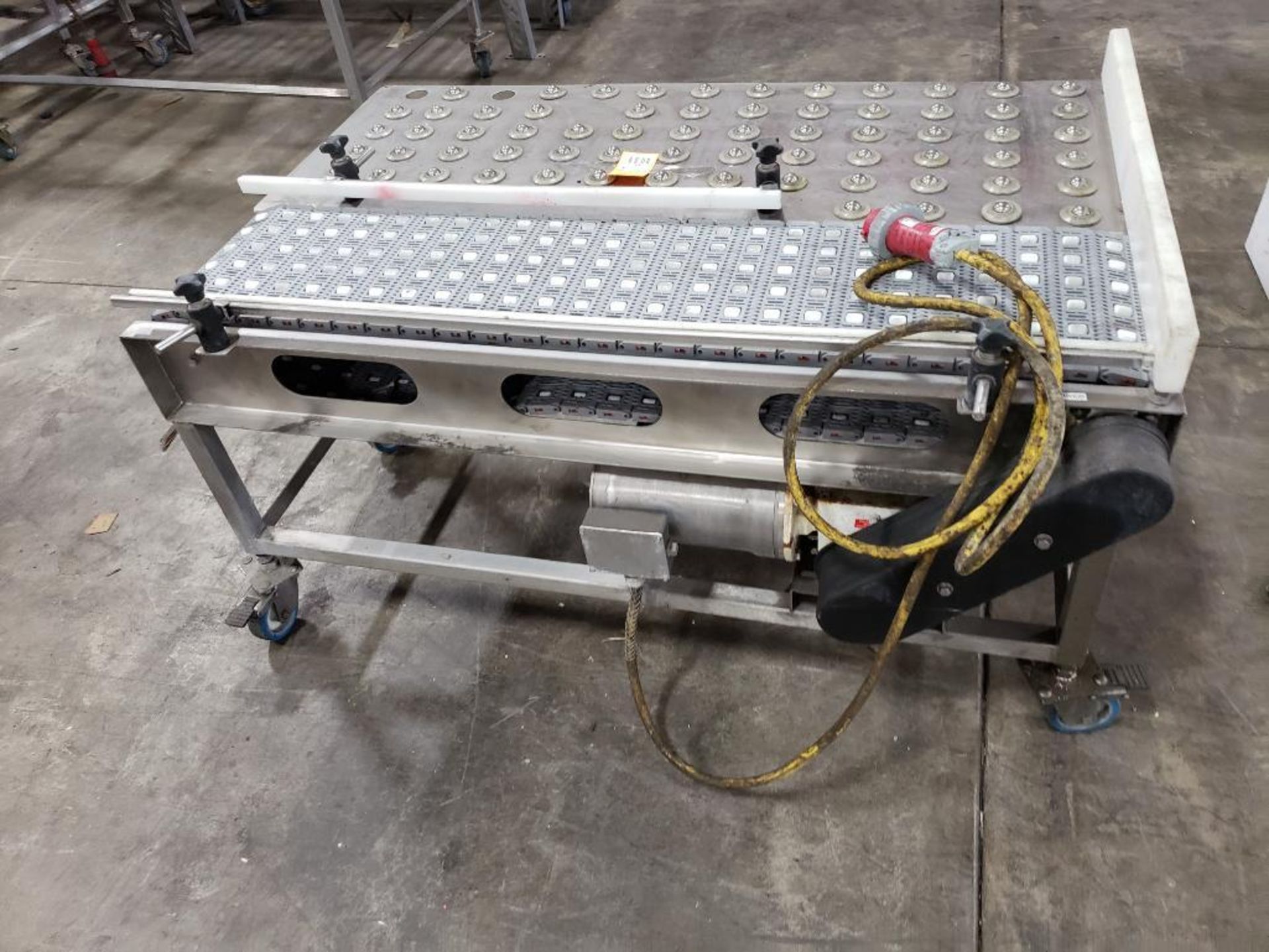 Food grade washdown power conveyor on casters with roller side table. Overall size 53" long x 32" w - Image 5 of 7