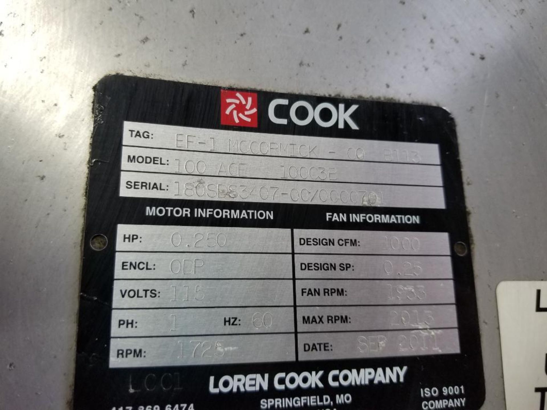 1/4hp Cook exhaust fan. Model 100ACE, 100C3E. 1000cfm. 115v single phase. - Image 3 of 5