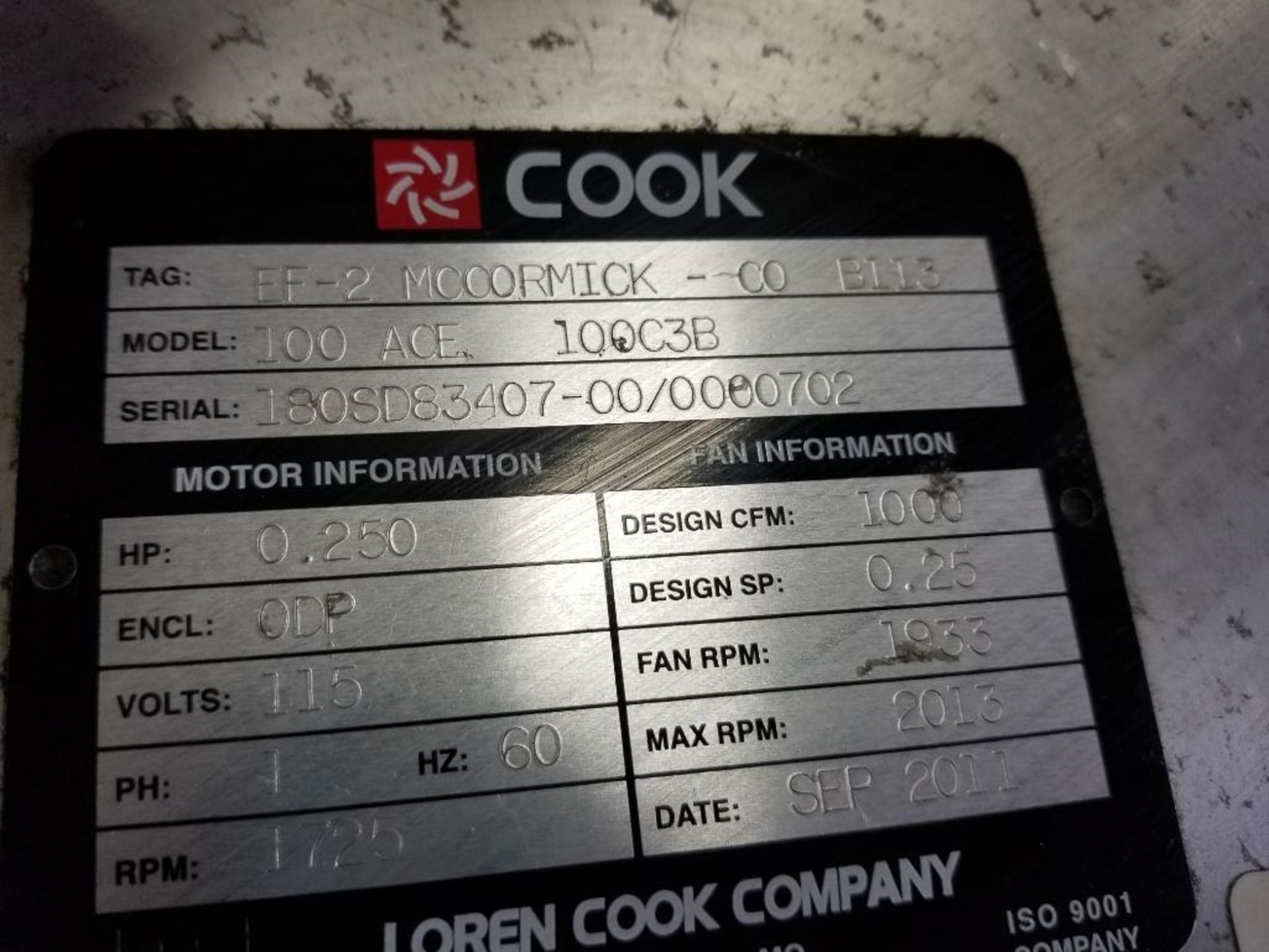 1/4hp Cook exhaust fan. Model 100ACE, 100C3E. 1000cfm. 115v single phase. - Image 3 of 4