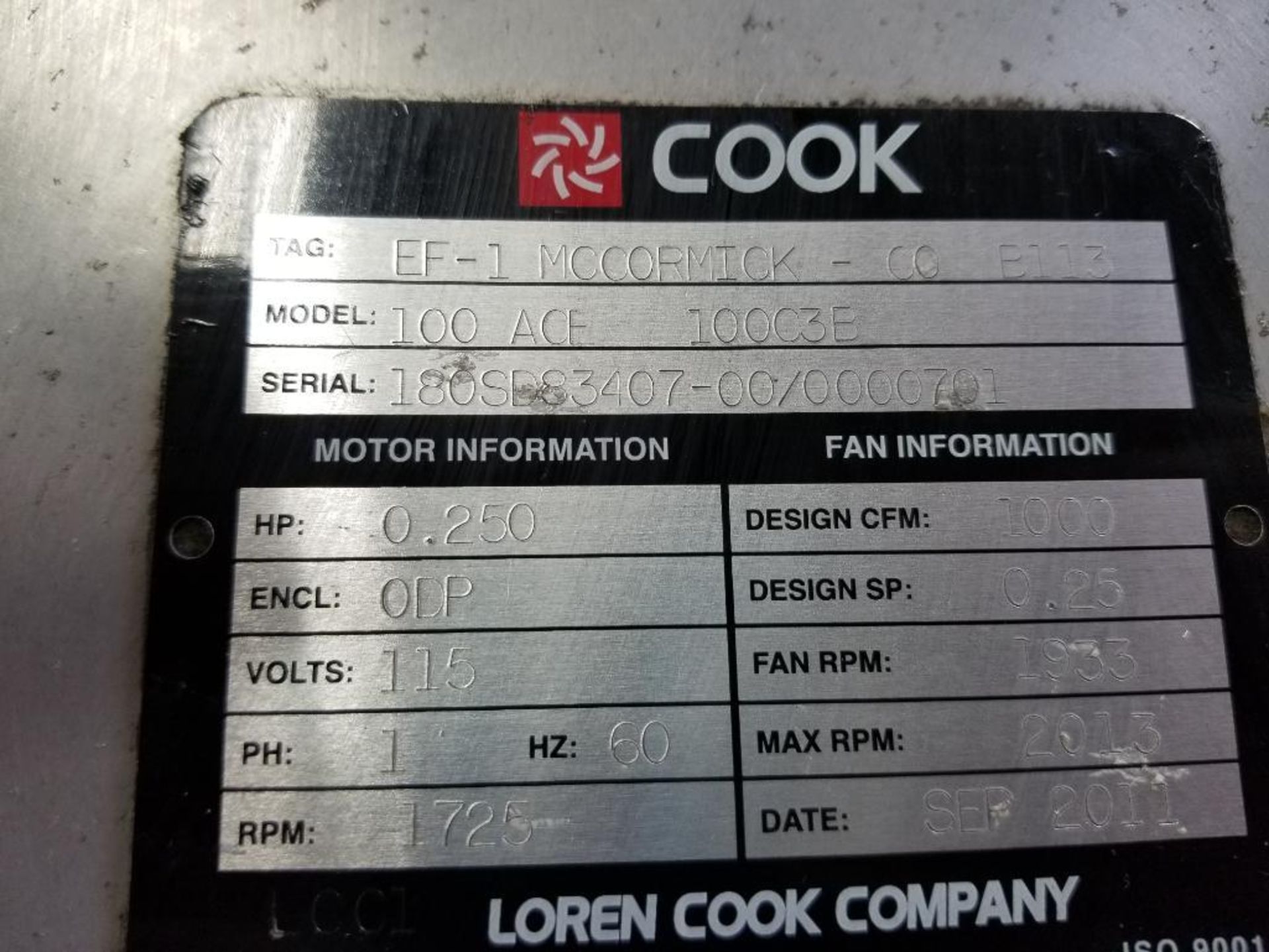 1/4hp Cook exhaust fan. Model 100ACE, 100C3E. 1000cfm. 115v single phase. - Image 4 of 5