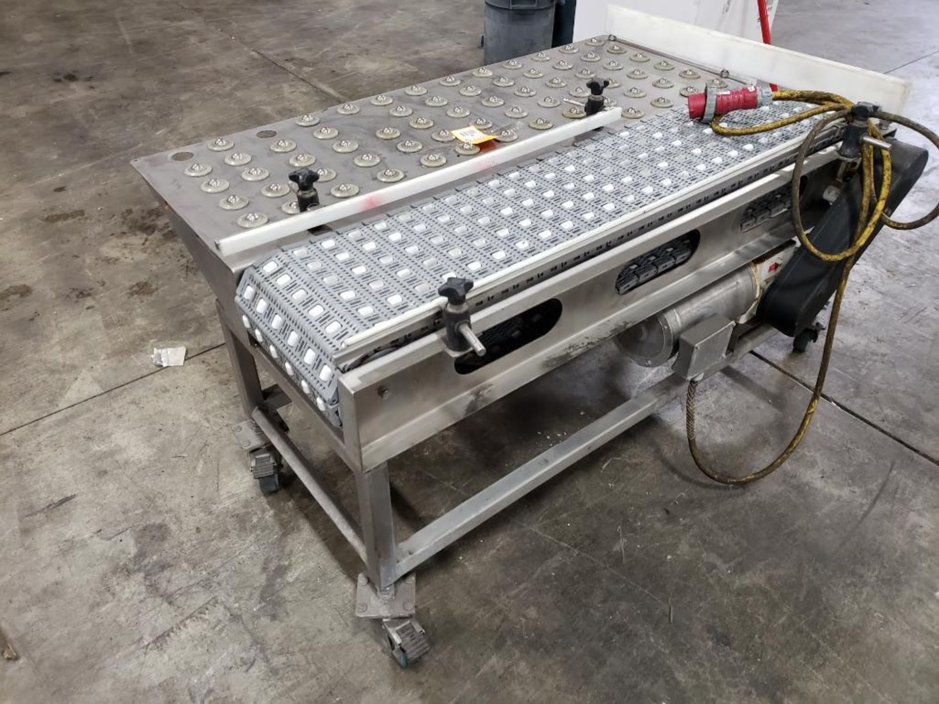Food grade washdown power conveyor on casters with roller side table. Overall size 53" long x 32" w - Image 7 of 7