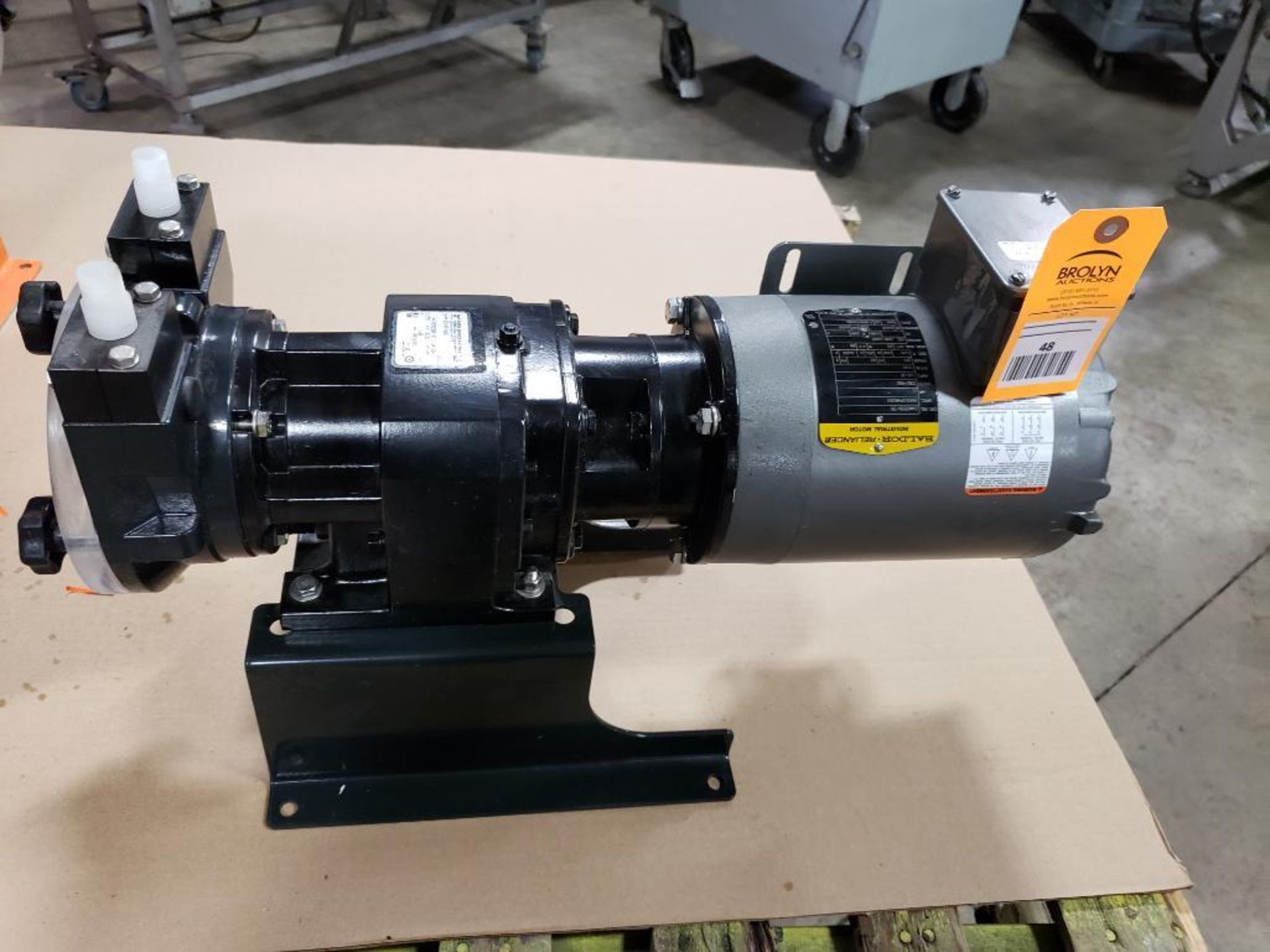 ProMinent Fluid Systems dosing pump. Series DFBU. Model DFBU0100292HF40R0H4. Appears new old stock.