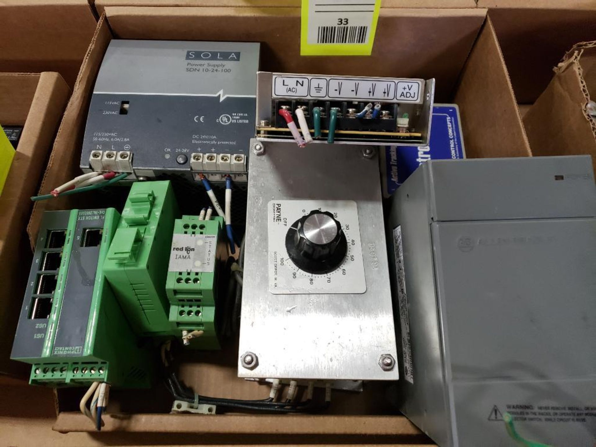 Assorted electrical power supply, relays, connectors. Phoenix Contact, Red Lion, Payne, Sola.