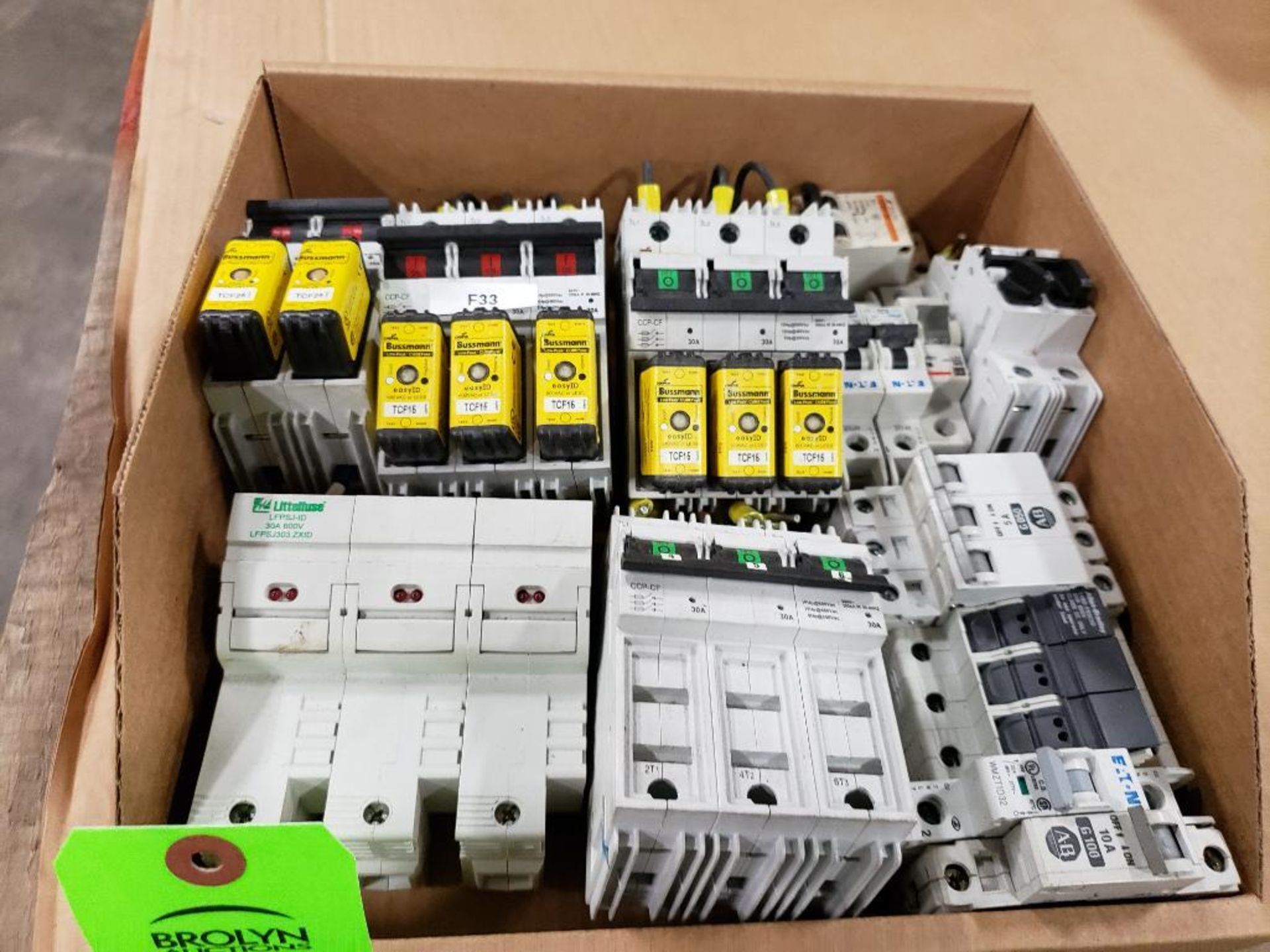 Assorted electrical breakers, fuse holders. Littelfuse, Bussmann, Allen Bradley.