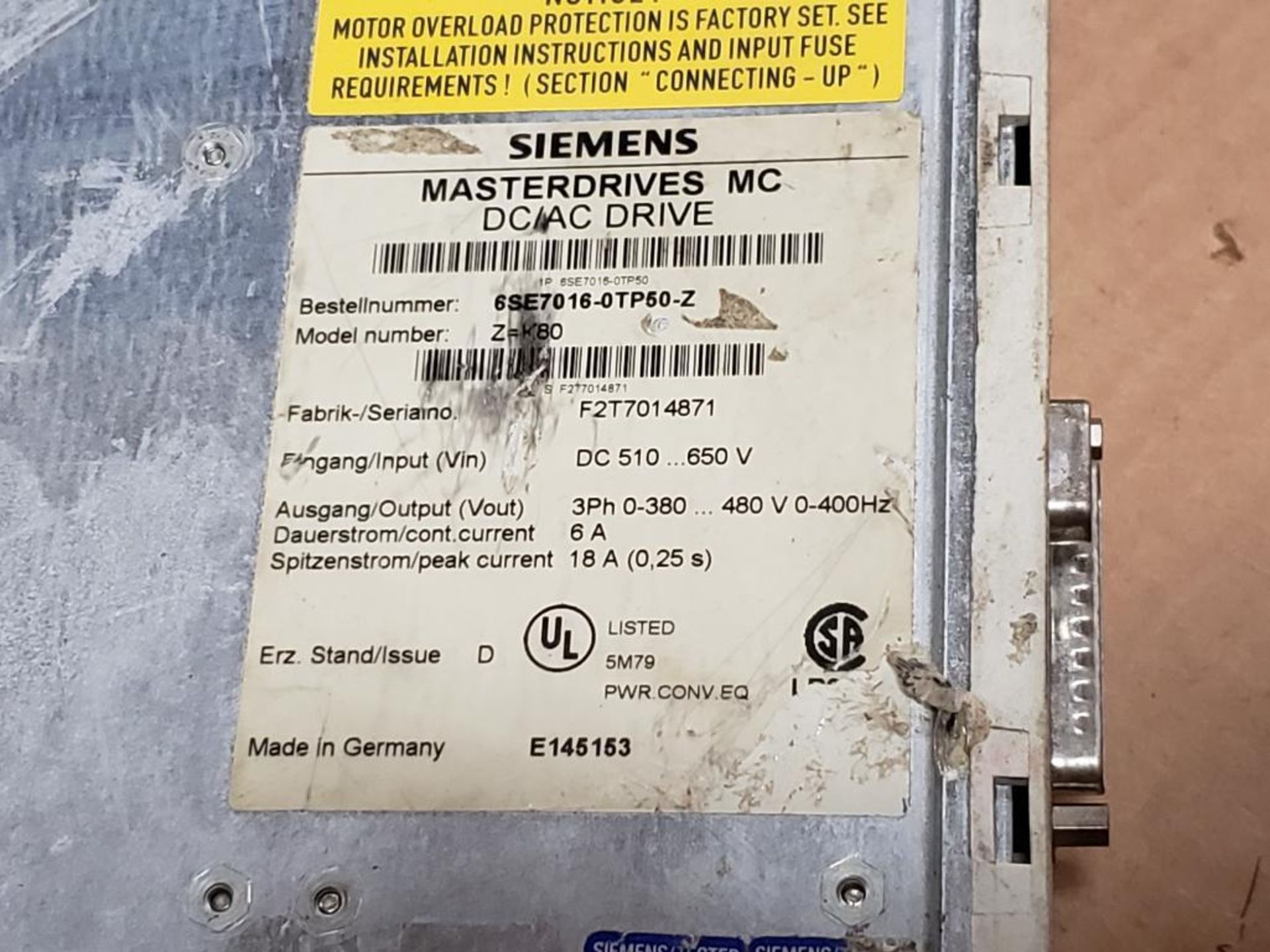 Siemens Masterdrives MC DC/AC drive. 6SE7016-0TP50-Z. - Image 4 of 7