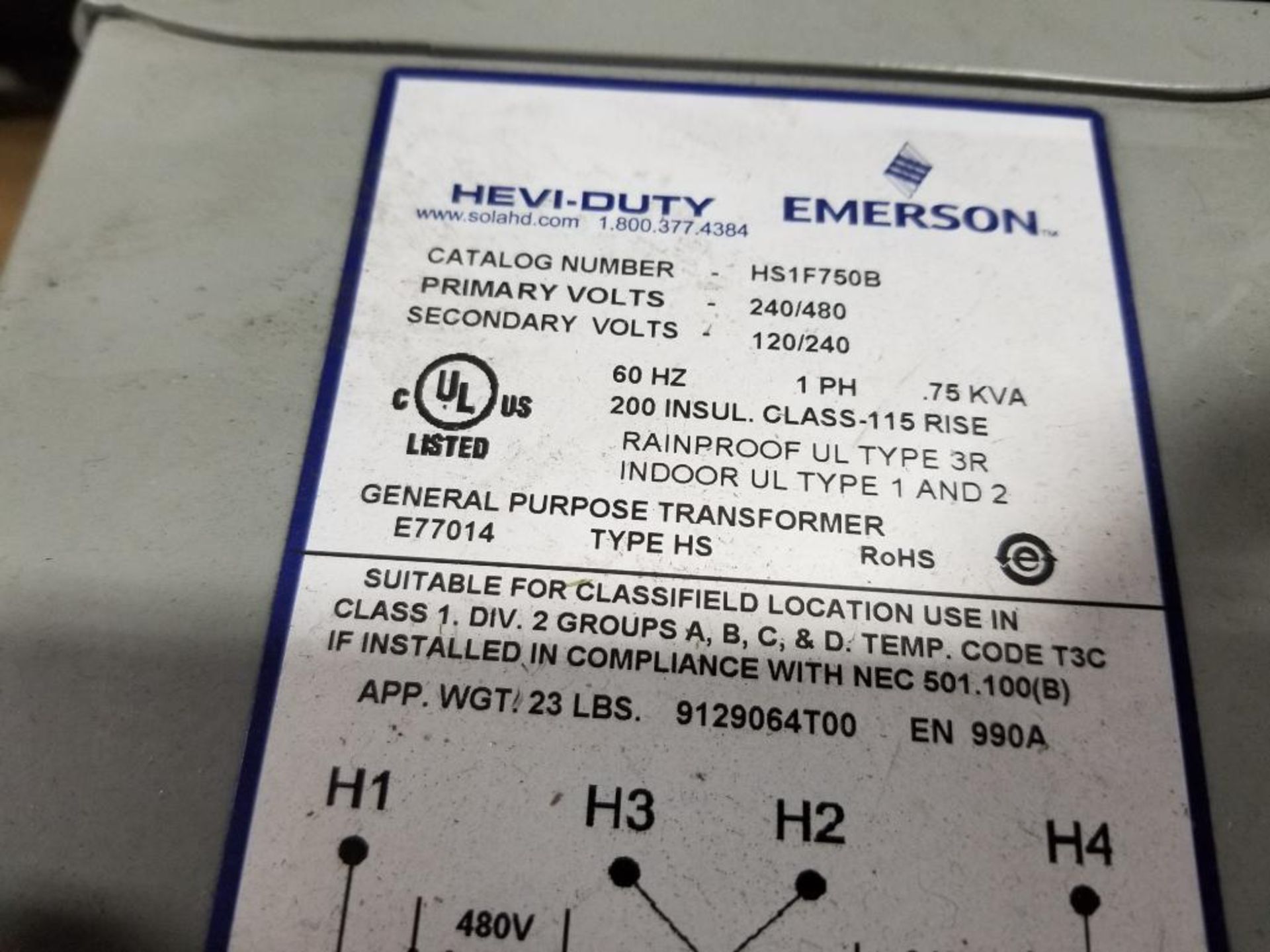 Emerson Hevi-Duty HS1F750B transformer. - Image 2 of 4