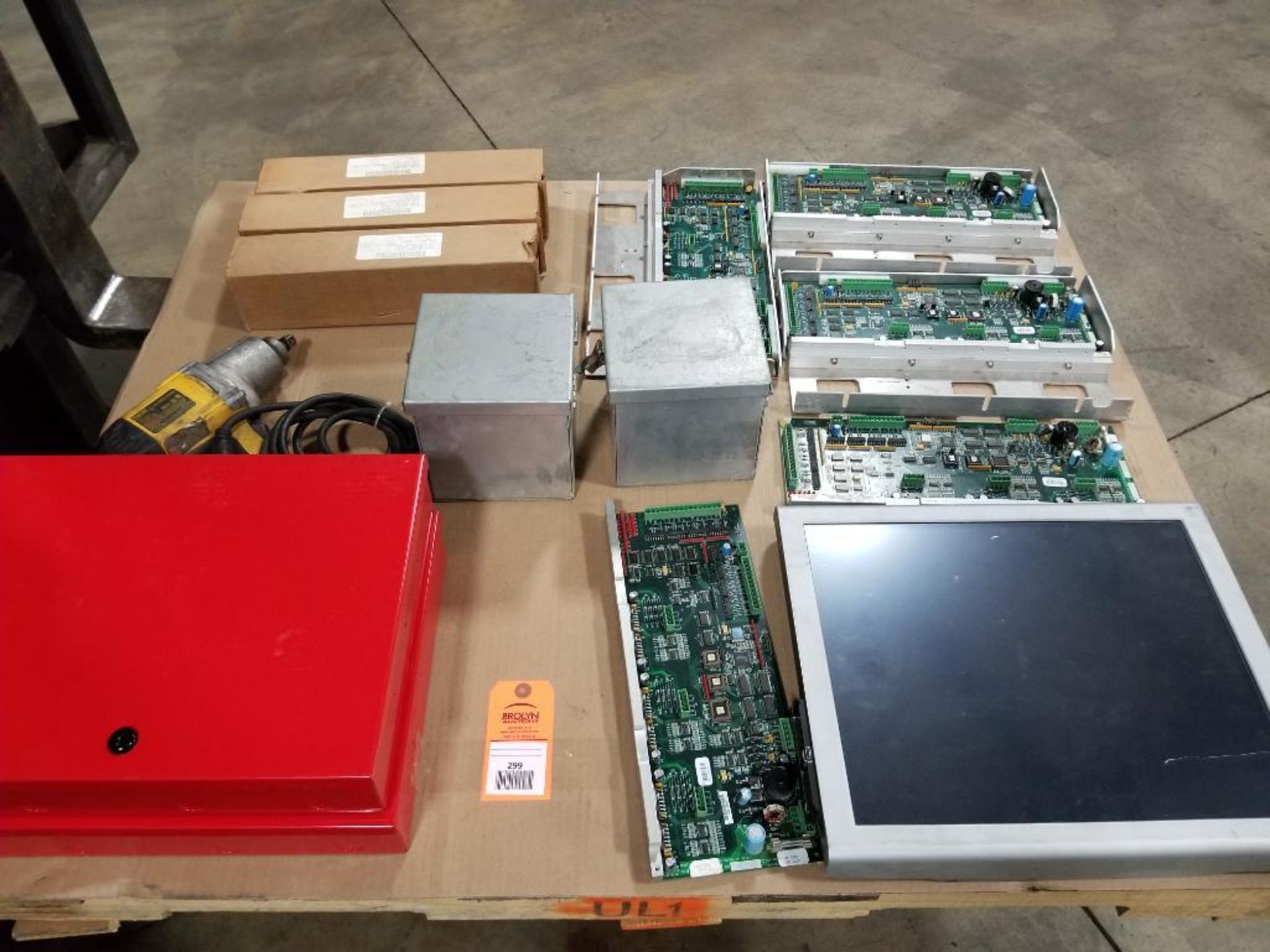 Pallet of assorted electrical. Enclosure box, control boards, monitor.