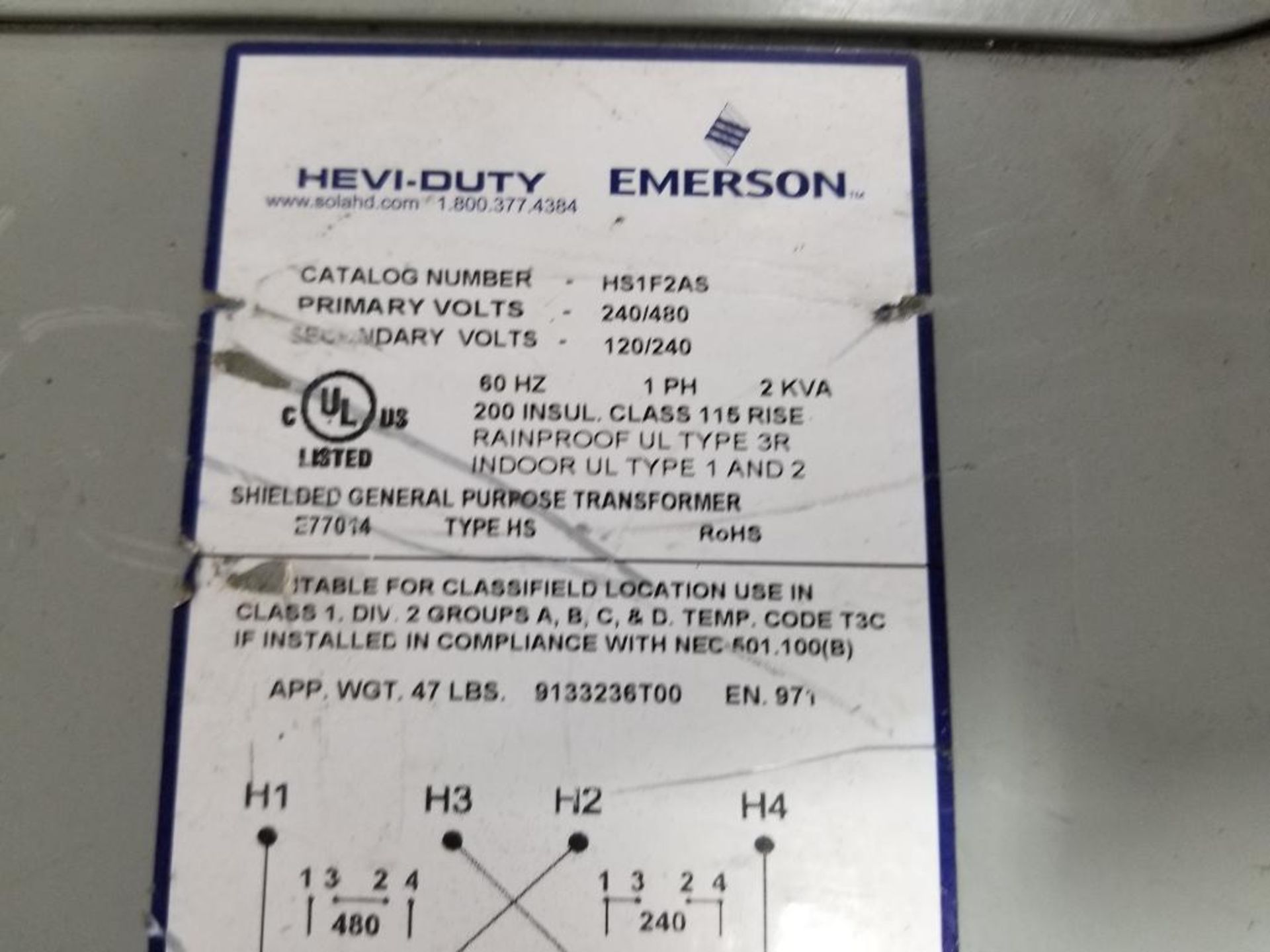 Emerson Hevi-Duty HS1F2AS transformer. - Image 3 of 5