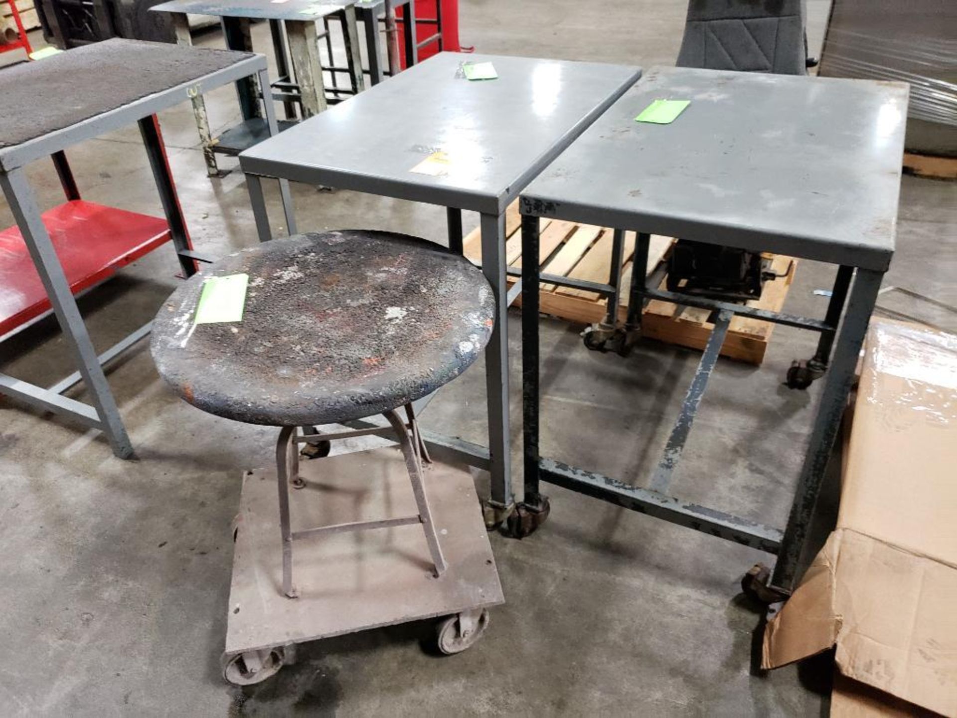 Qty 3 - Industrial metal rolling work table. 36x24x36, 36x24x36, 25x25x30 WxDxH.