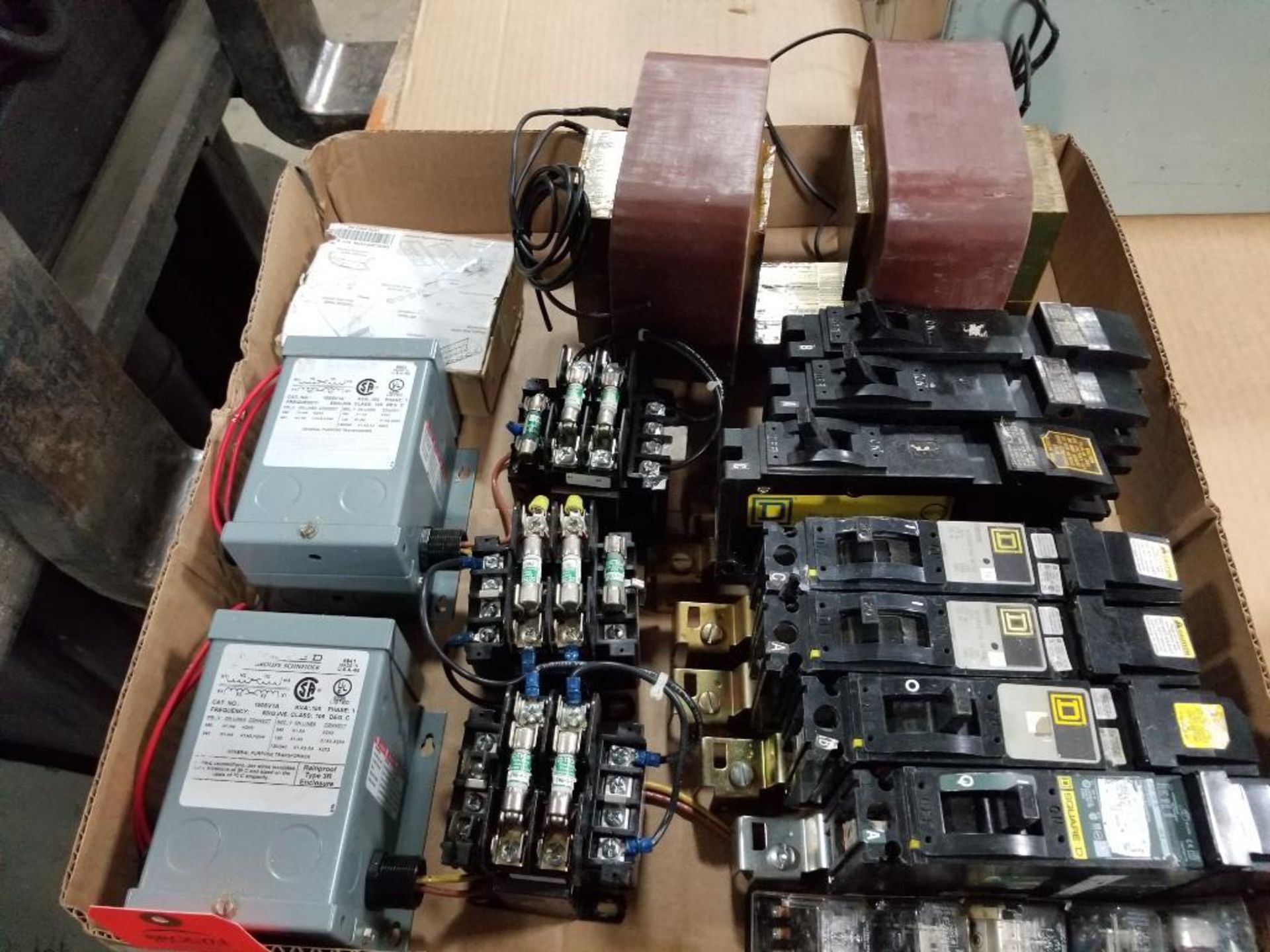 Assorted electrical transformer, relay, breaker. Square-D.