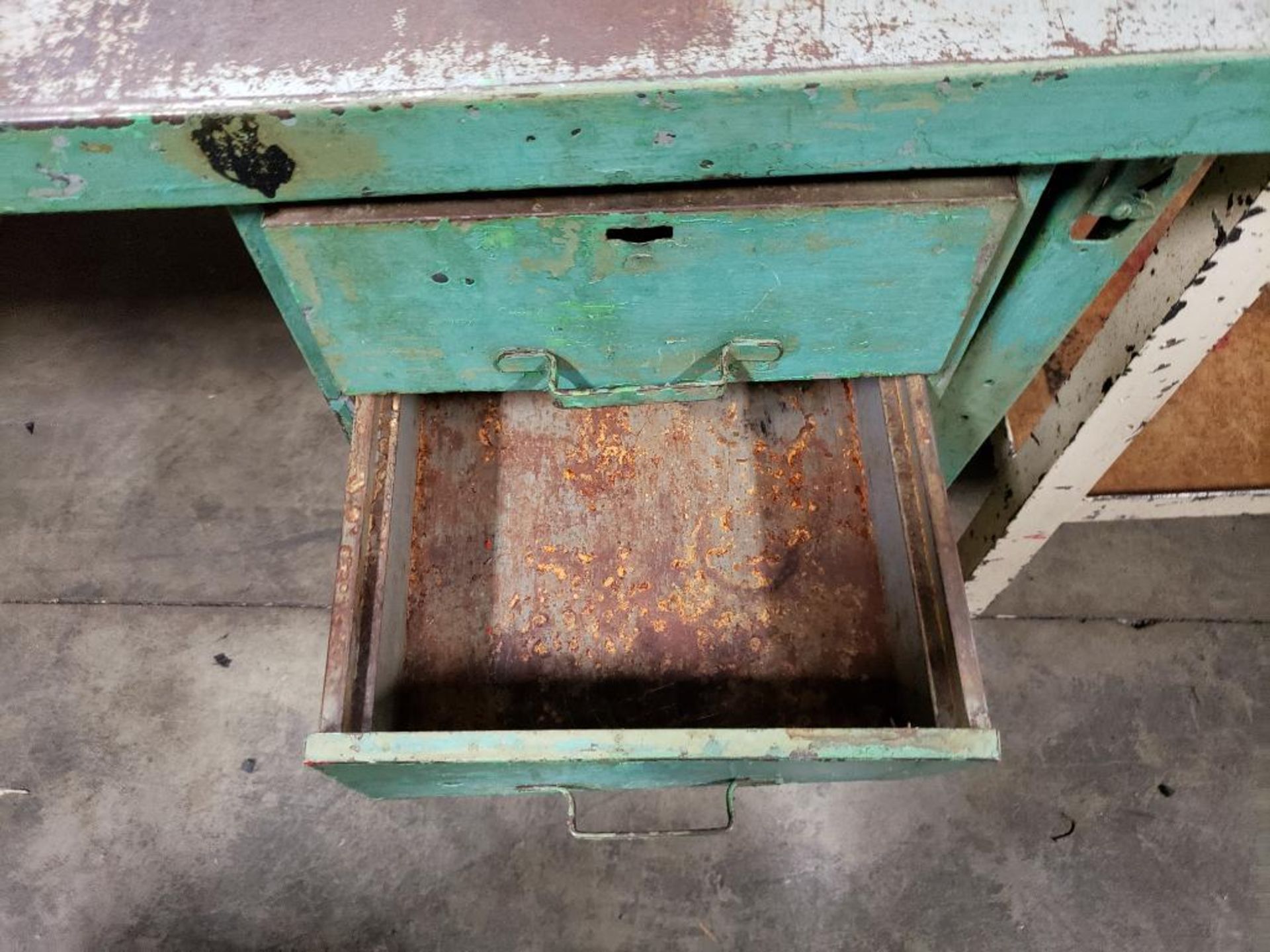 Qty 2 - Industrial work bench and table. 60x28x37, and 40x25x46 WXDXH. - Image 7 of 8