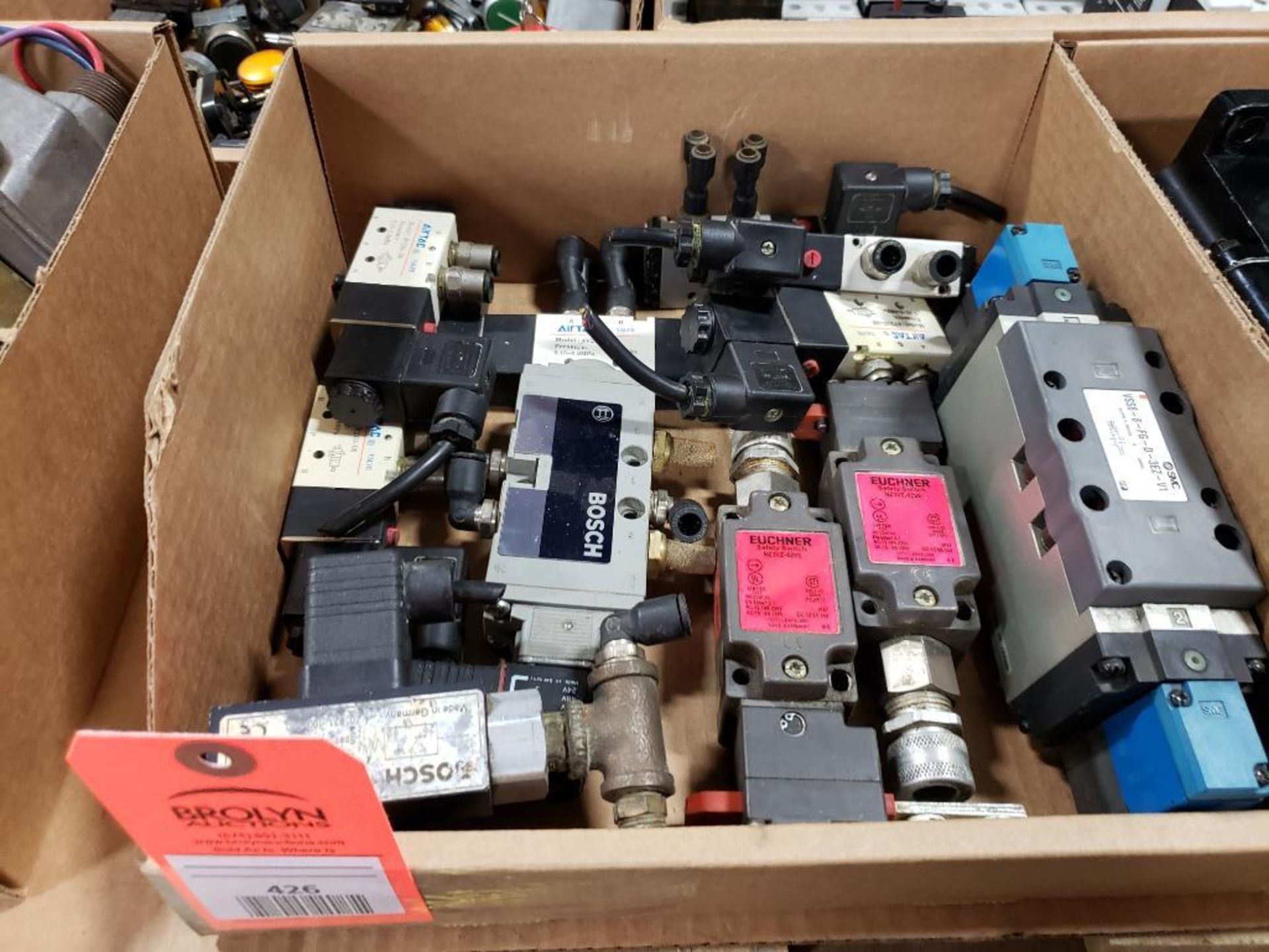 Large assortment of solenoid valves, limit switches, etc.