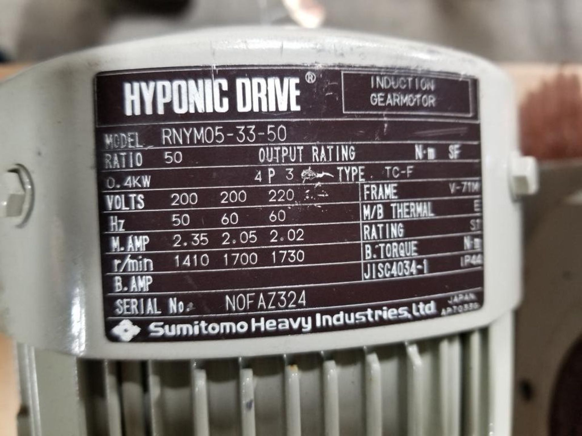 Sumitomo Heavy Industries, LTD. Hyponic Drive RNYM05-33050 induction gearmotor. - Image 2 of 4