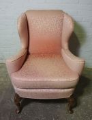 Queen Anne Style Walnut Wing Back Armchair, Upholstered in a Pink Floral Fabric, 100cm high